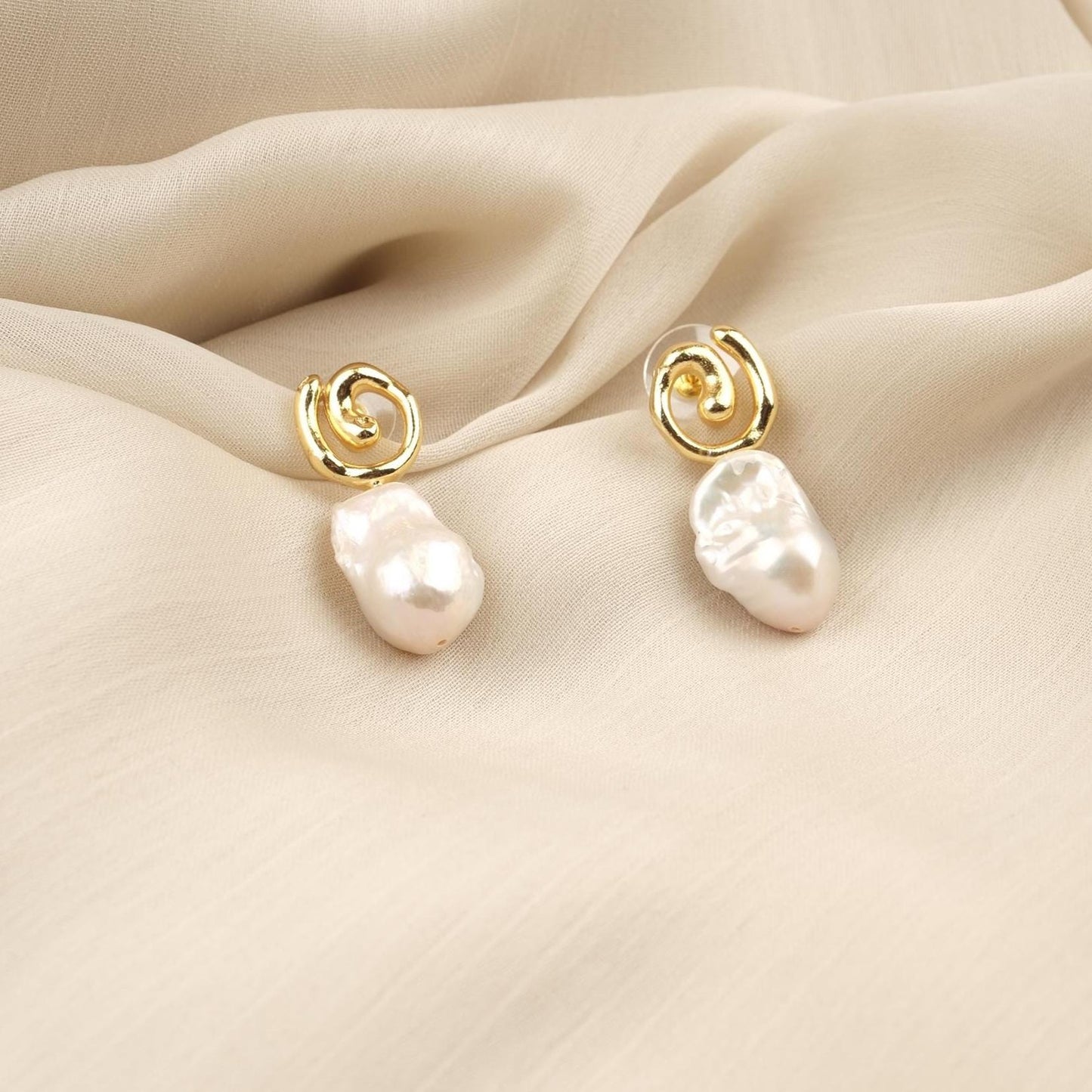 Handmade Genuine Pearl Abstract Modern Earrings, Artistic Gold Plated Studs, Unique Organic Baroque Design For Elegant Statement Style