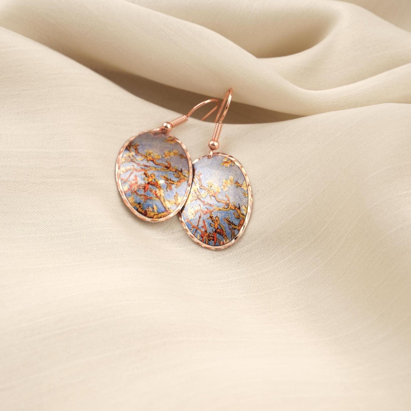 Vincent van Gogh “Almond Blossoms” Dangle Earrings in Pure Copper, Artistic Design | Handmade Vintage Style, Antique Looking Gift