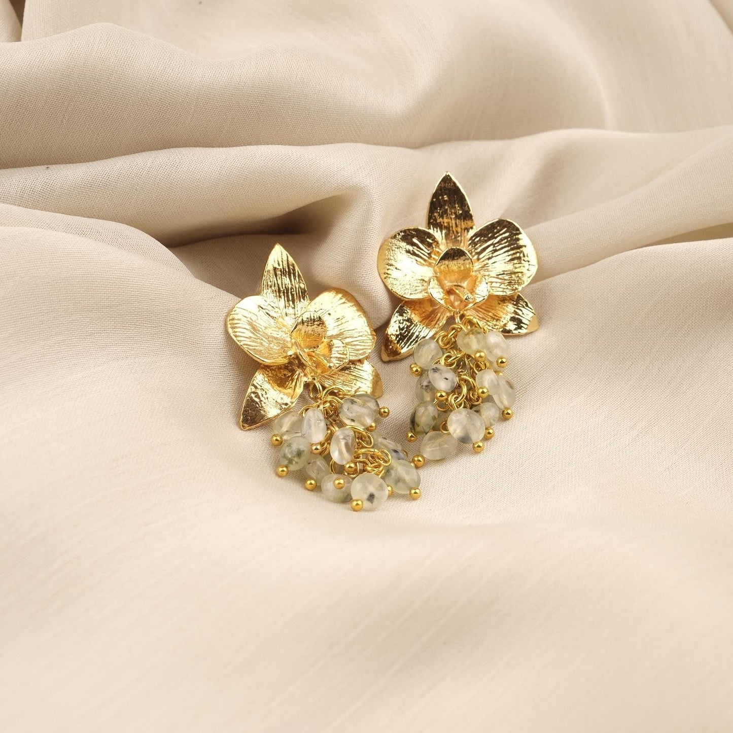 Prenhite Handmade Gold Plated Floral Stud Earrings With Gemstone Grapes, Artistic Botanical Jewelry, Statement Design For Elegant Looks