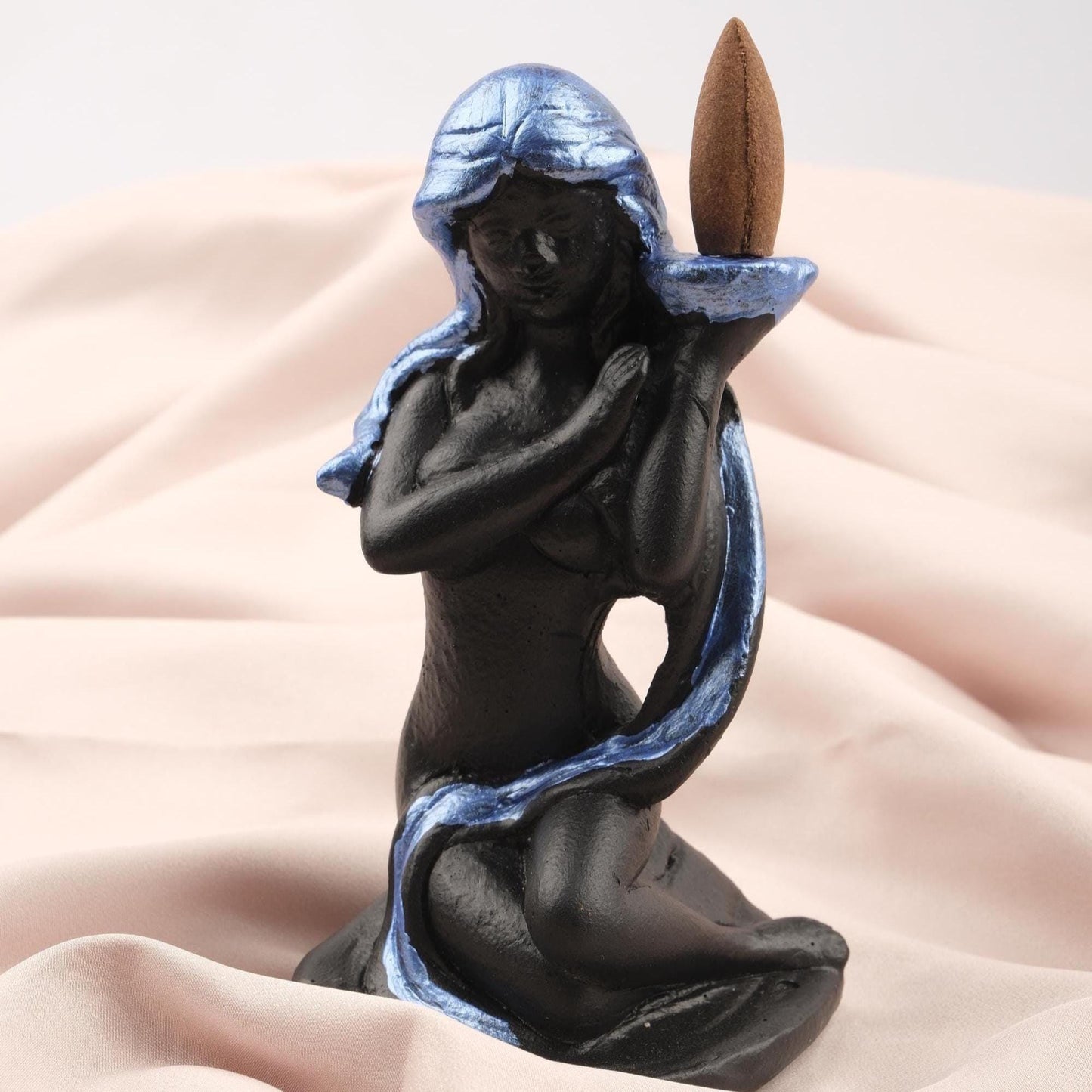 Women Figure Backflow Incense Holder, 17 cm and 6.7 in | Unique Resin Smoke Fountain, Spiritual Decor, Meditation Gift, Navy Blue & Black