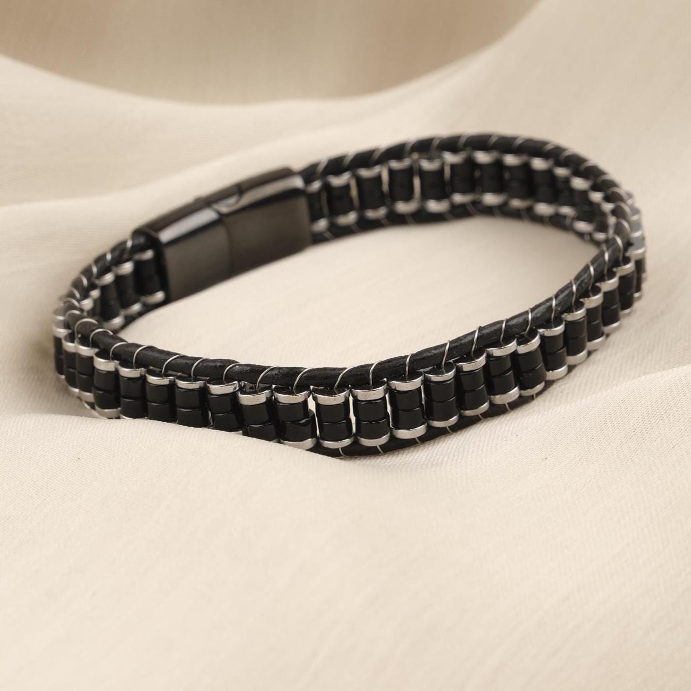 Handmade Hematite & Genuine Leather Men's Bracelet, Bold Black , Titanium Lock, Elegant Statement Piece | 22 cm (8.66 in) gift