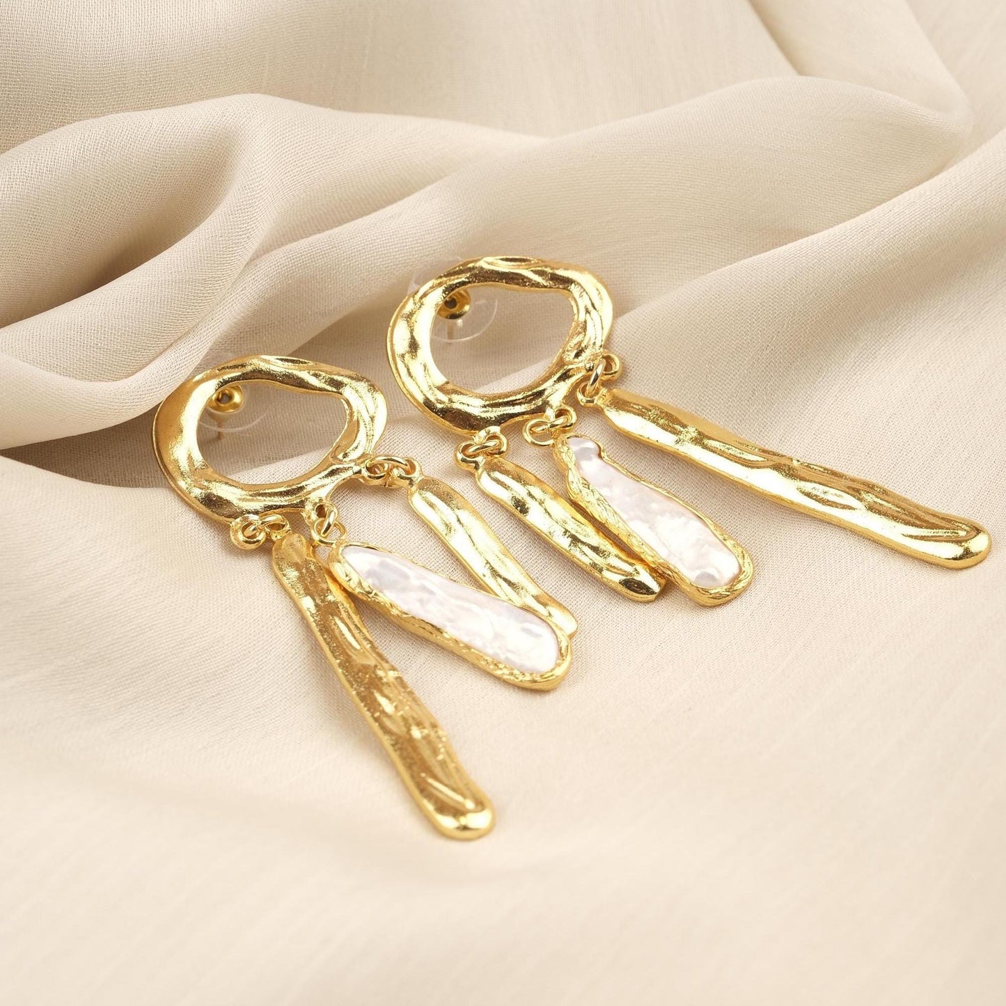 Handmade Genuine Pearl Artistic Earrings, Modern Abstract Design With Gold Plated Studs, Bold Baroque Statement Style For Unique Look Gift