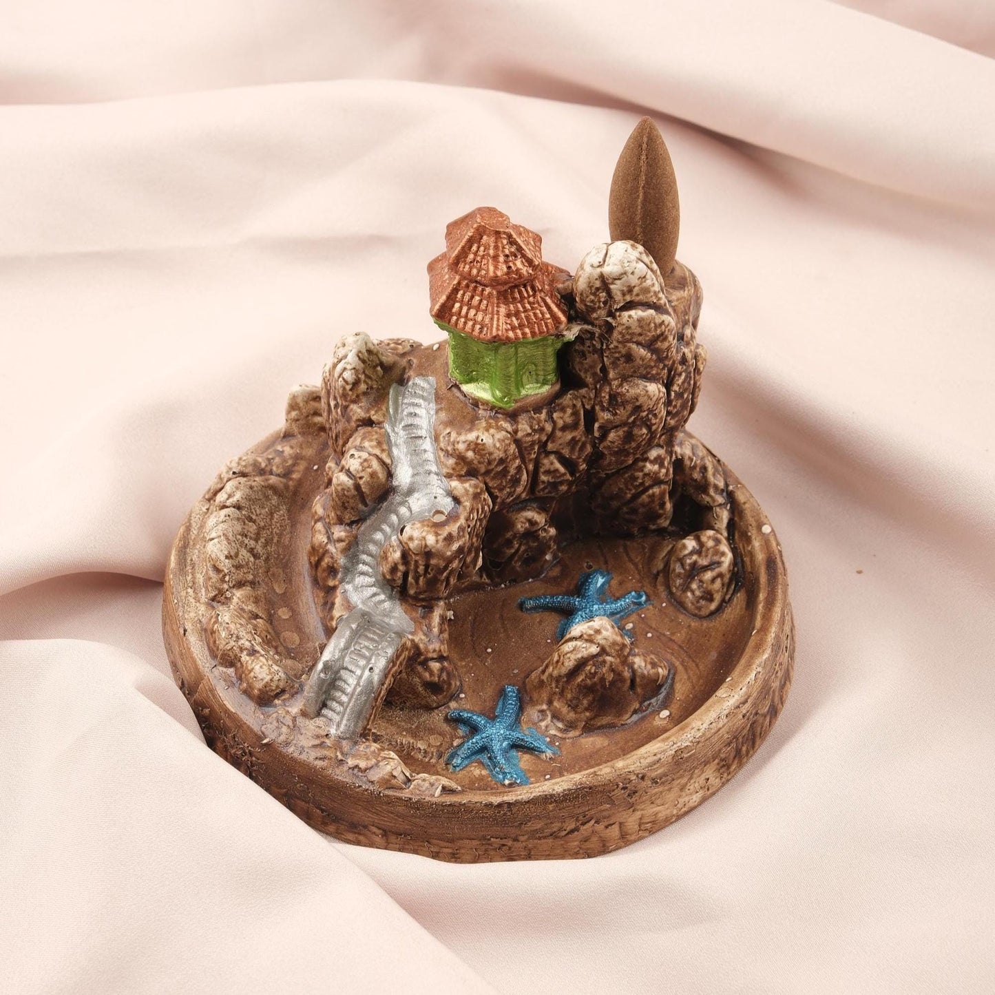 Castle & Beach Backflow Incense Burner in Unique Style , Yoga Lovers' Accessories, Backflow Incense Holder with Starfish and River