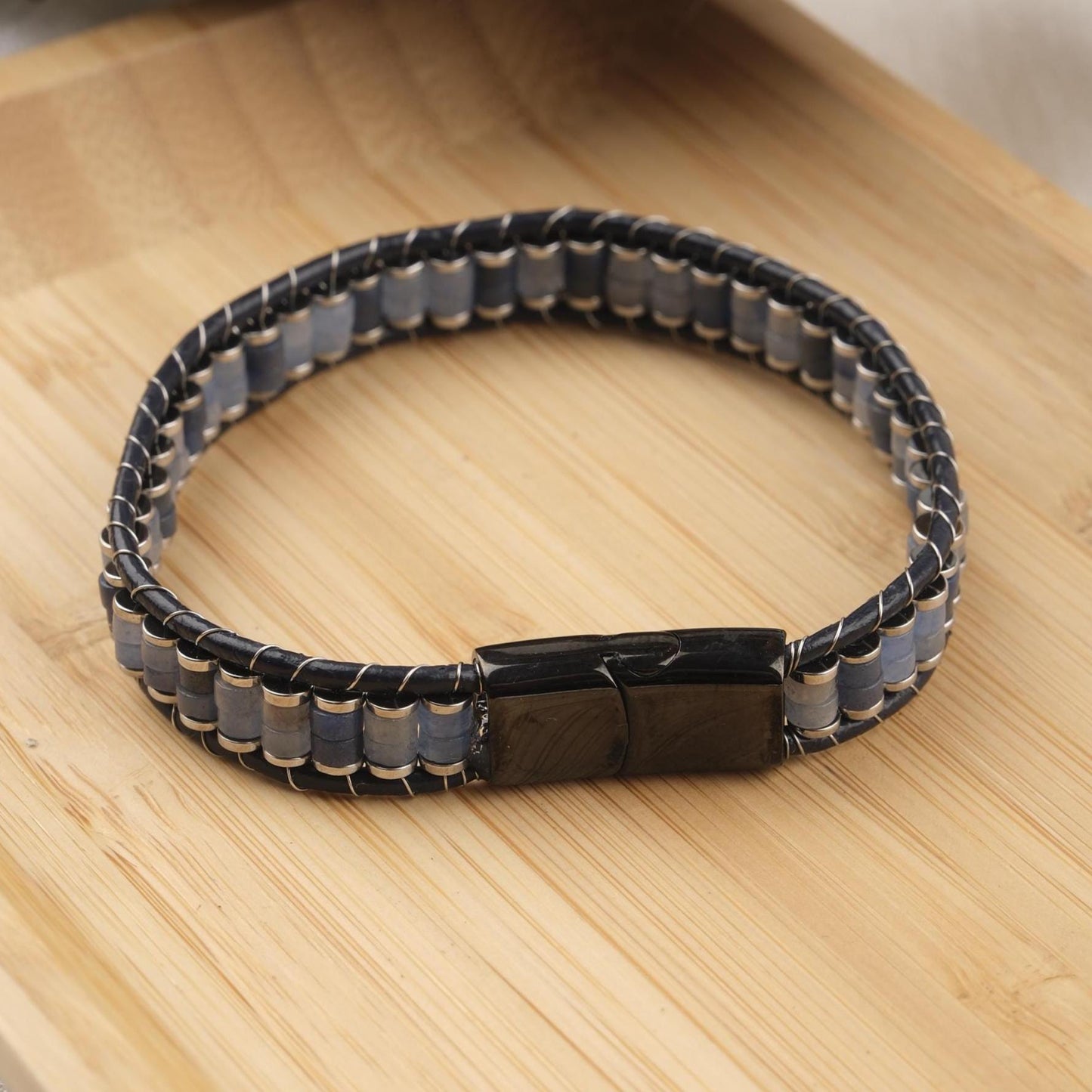 Stone of Communication, Blue Lace Aventurine & Leather Bracelet for Men, Minimal Crystal Gift with Hematite Accents Titanium Lock