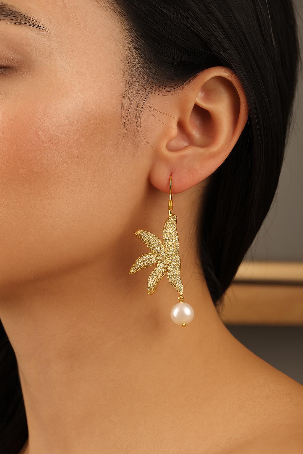 Handmade Real Pearl & Starfish Stud Earrings with Genuine Freshwater Pearl, Light Artistic Ocean-Inspired Design, Elegant Marine Style Gift