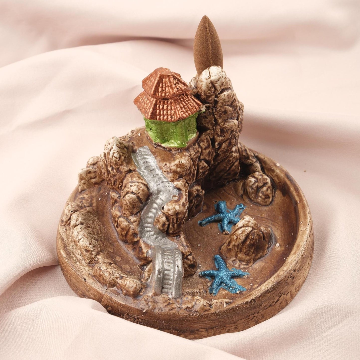 Castle & Beach Backflow Incense Burner in Unique Style , Yoga Lovers' Accessories, Backflow Incense Holder with Starfish and River