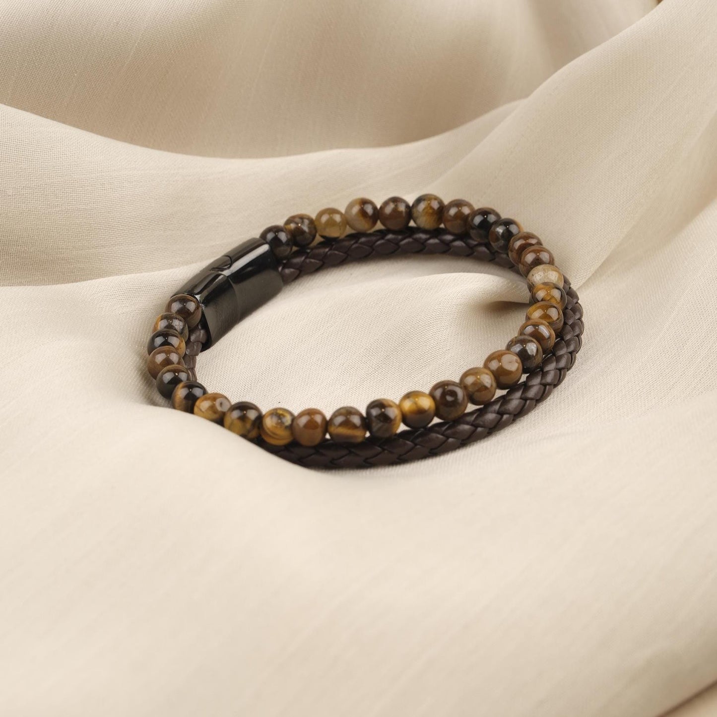 Handmade Minimal Tiger's Eye Gemstone and Genuine Leather Men's Bracelet with Titanium Lock, Natural Stone Jewelry for Him | 22 cm, 8.66 in