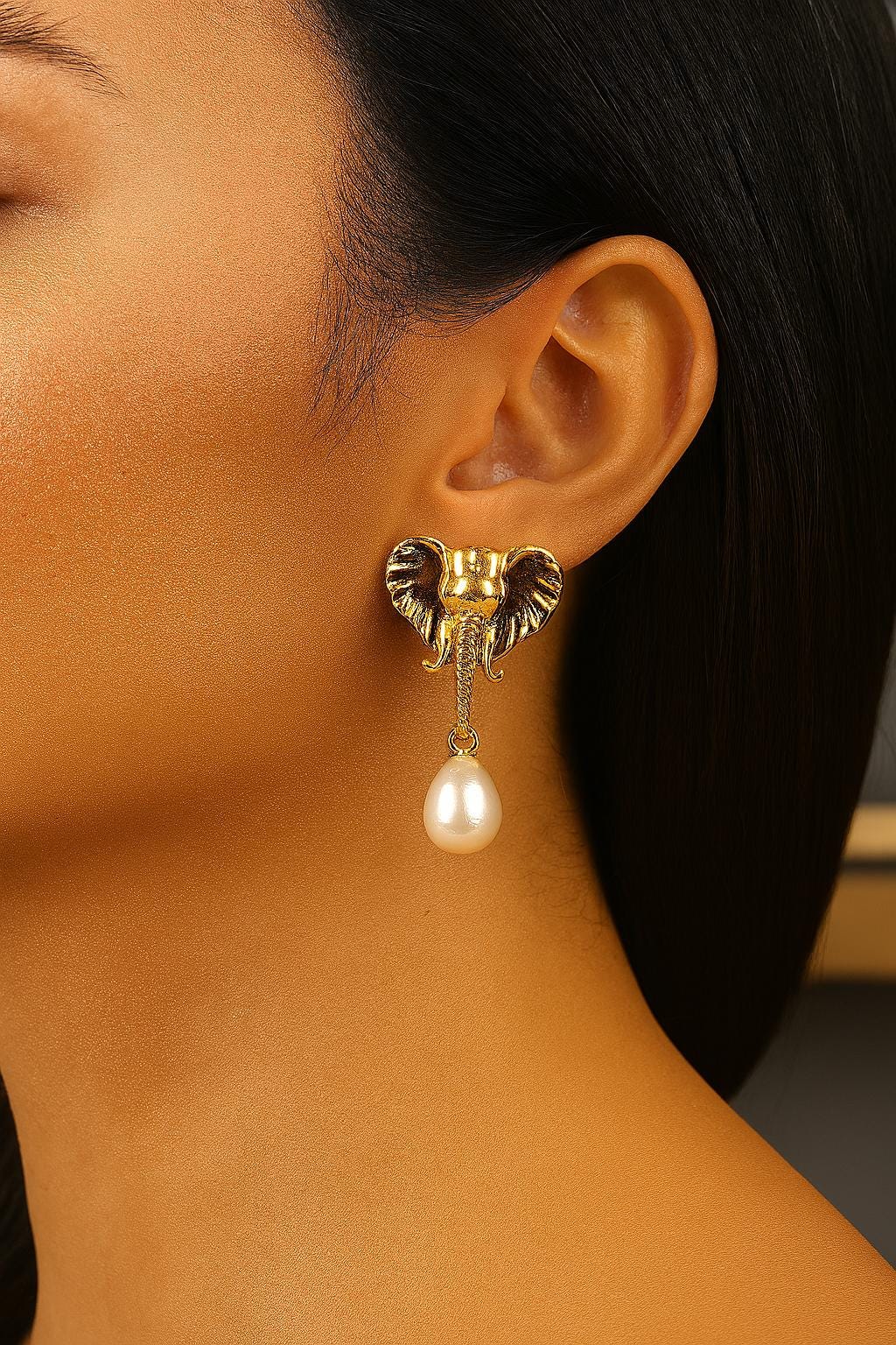 Handmade Gold Elephant Stud Earrings with Teardrop Faux Pearl, Cute Animal Design Jewelry, Playful and Elegant Antique Looking Gift Idea