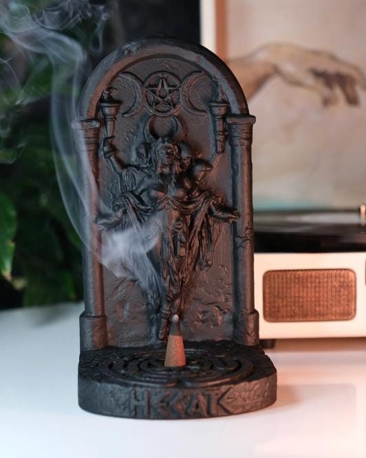 Handcrafted Hecate Cone Incense Burner, Triple Moon Goddess Altar Decor, & Ritual Mythical Tool for Meditation and Spiritual Awareness
