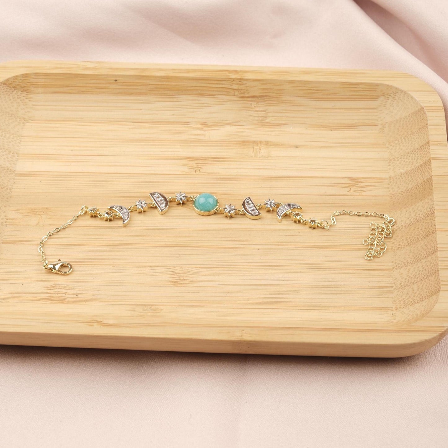 Celestial Moon & Star Bracelet for Women, Gold Charm Bracelet with Sky Blue Stone, Dainty Astrology Jewelry Gift for Her, 22cm / 8.66in