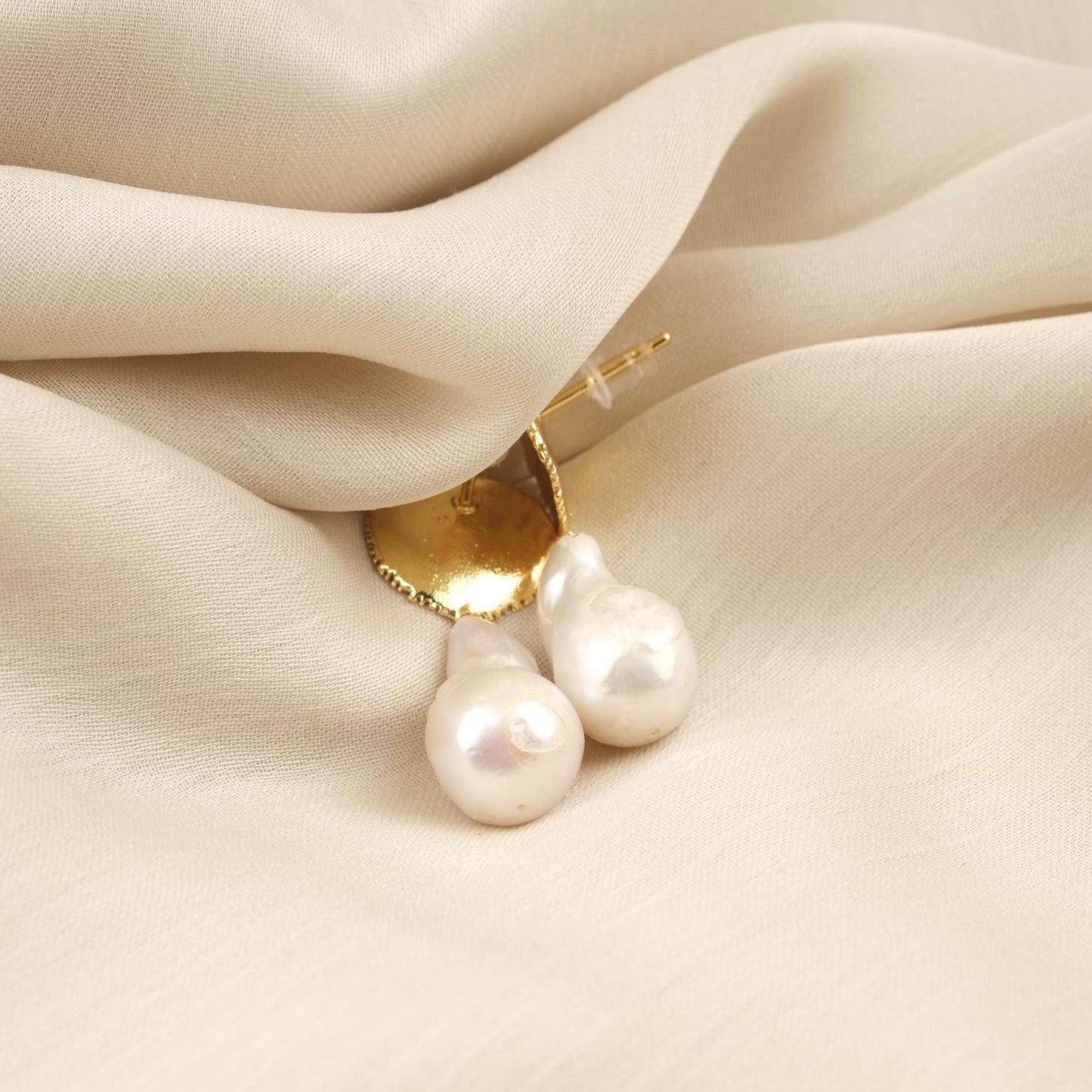 Handmade Genuine Baroque Pearls, Gold Plated Earrings With Antique Looking Design, Vintage Style Statement Studs With Organic Gemstone Charm