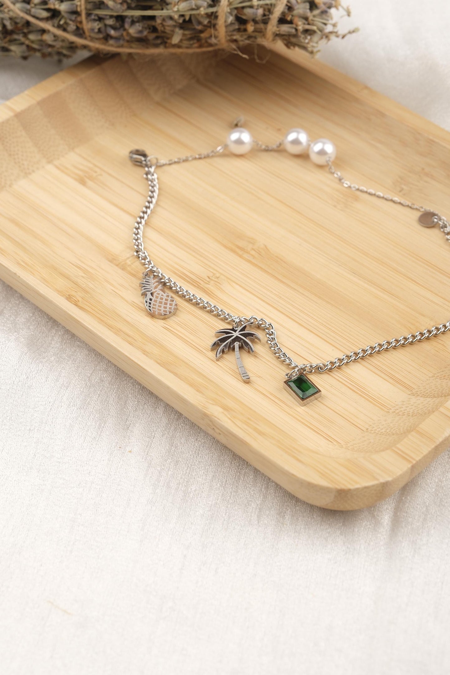 Exotic Bracelet for Summer | Pineapple, Pearl, Palm & Emerald Charm Jewelry