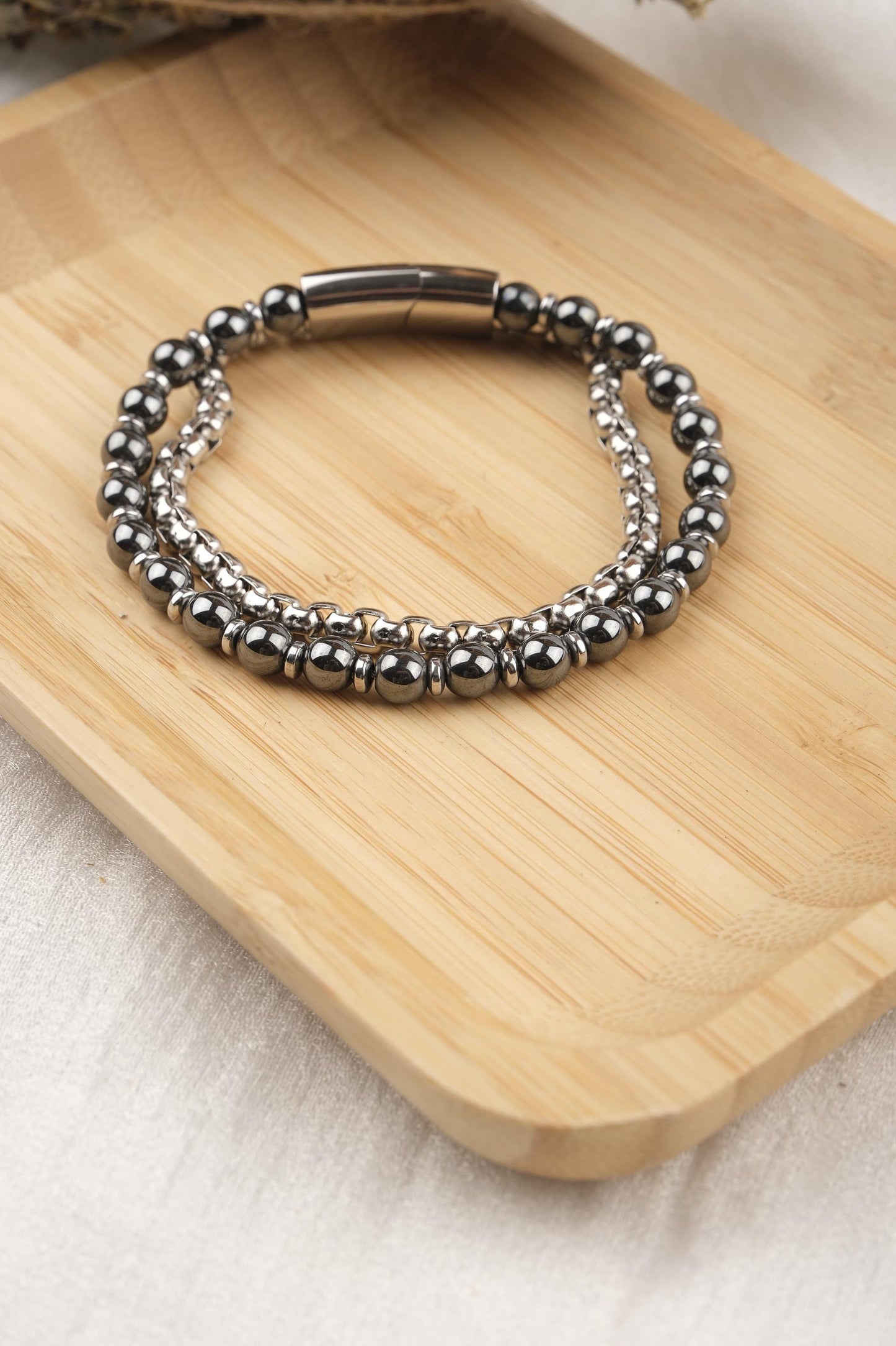 Bold Simplicity, Silver and Black Hematite Bracelet for Men, Leather-Free Crystal Wristband, Minimalist Gift for Him