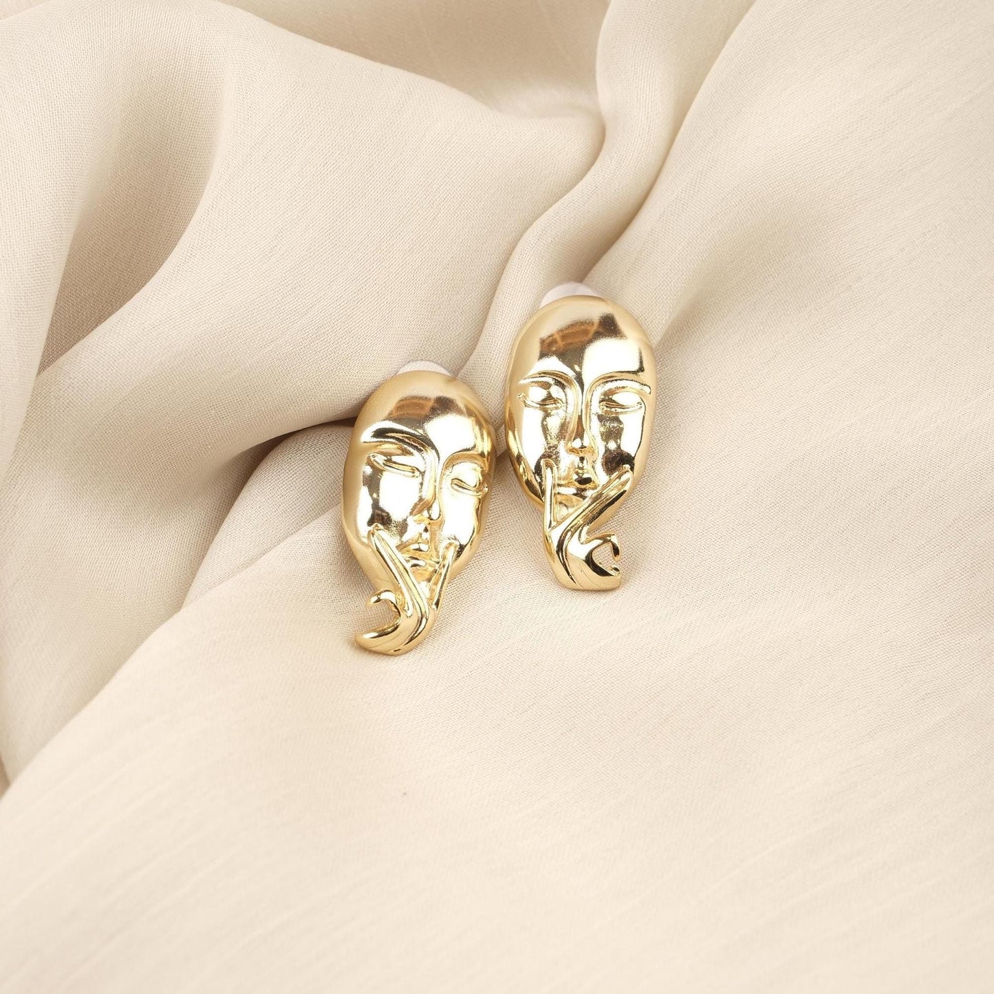 Handmade Artistic Woman Face Stud Earrings, Gold Plated Abstract Design, Statement Feminine Jewelry, Unique Gift with Vintage Style Flair
