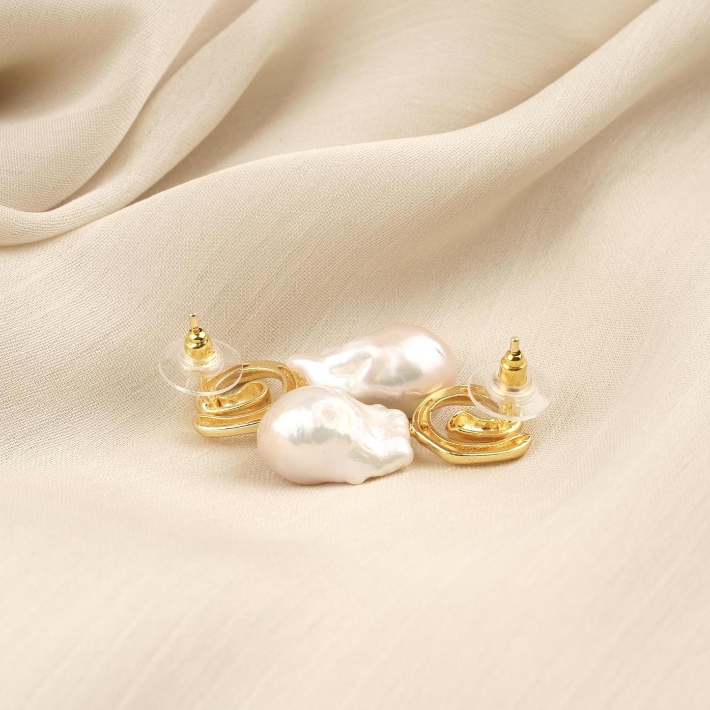 Handmade Genuine Pearl Abstract Modern Earrings, Artistic Gold Plated Studs, Unique Organic Baroque Design For Elegant Statement Style