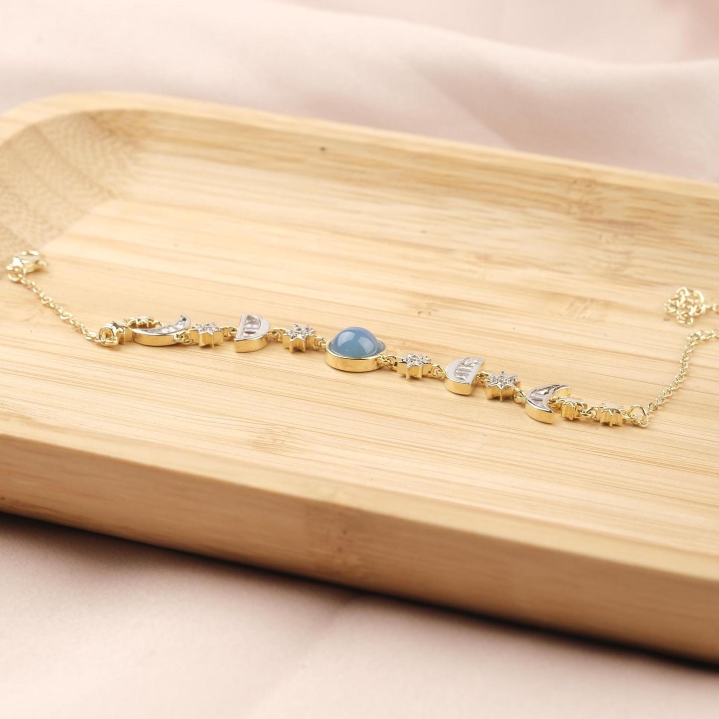 Aquamarine Moon & Star Charm Bracelet for Women, Gold Celestial Jewelry with Soft Blue Accent Stone, Calm Gift for Her, 22cm / 8.66in