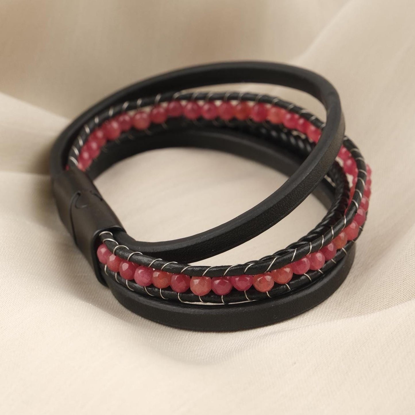 Handmade Bold Quartz and Genuine Leather Men's Bracelet, Multi-Layer Design with Titanium Lock, Statement Gemstone Jewelry | 22 cm (8.66 in)