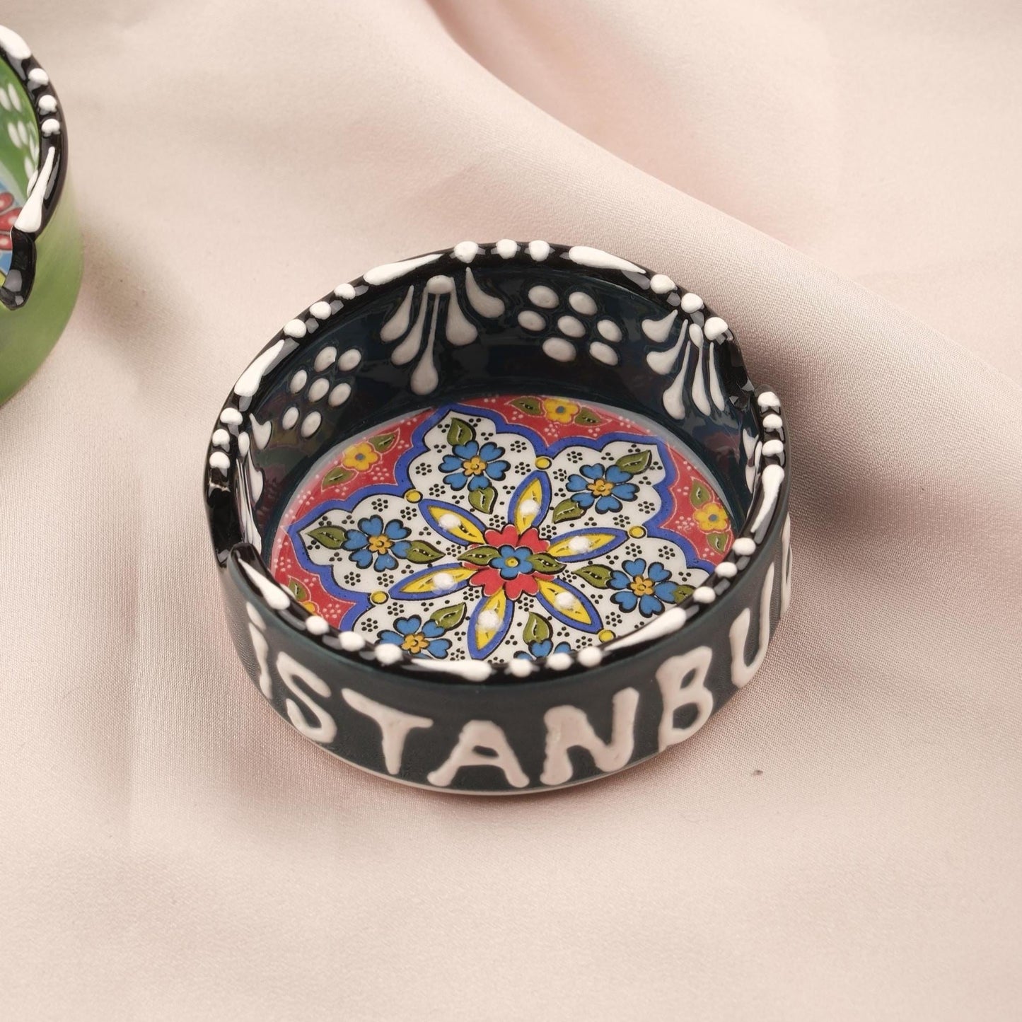 Buy1 Get1 | Handmade, Antique Looking Vintage Style Ashtray in Green & Navy Blue with Istanbul Writing