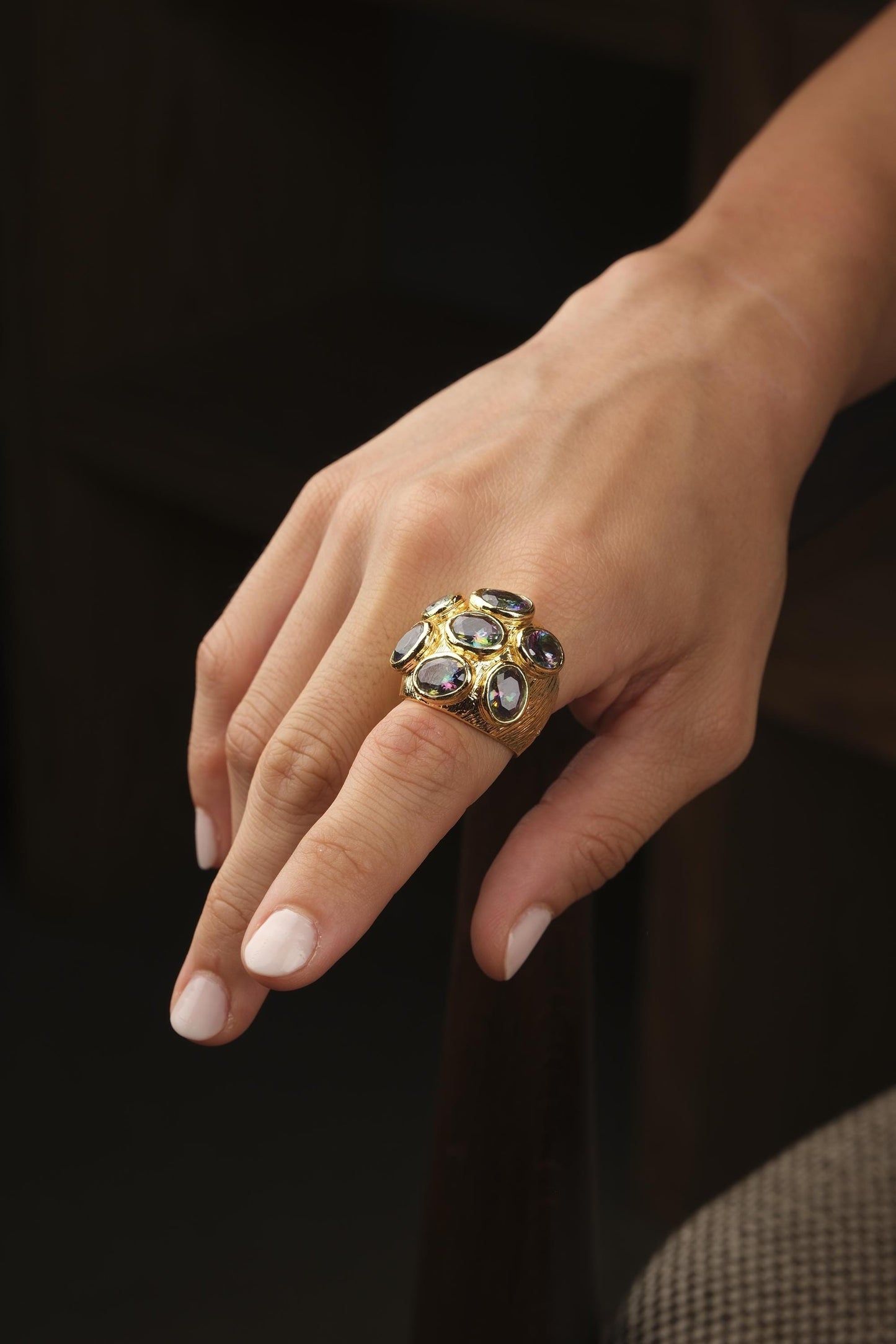 Handmade Ottoman Style Ring With Blue Gemstone Cluster, Antique Looking And Vintage Style Gold Plated Ring With Regal And Artistic Details