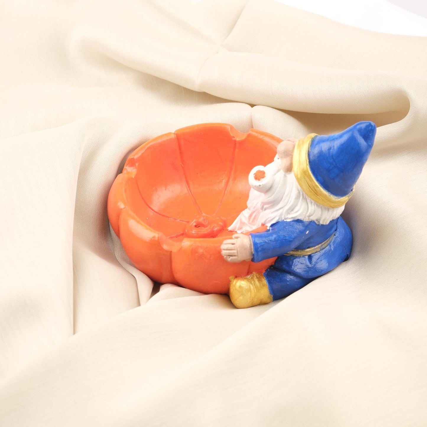 Santa Gnome Ashtray in Orange Pumpkin Bowl, Whimsical Elf Smoking Tray, Handcrafted Fantasy Decor Unique Gift for Smokers, 11x14x11cm Blue