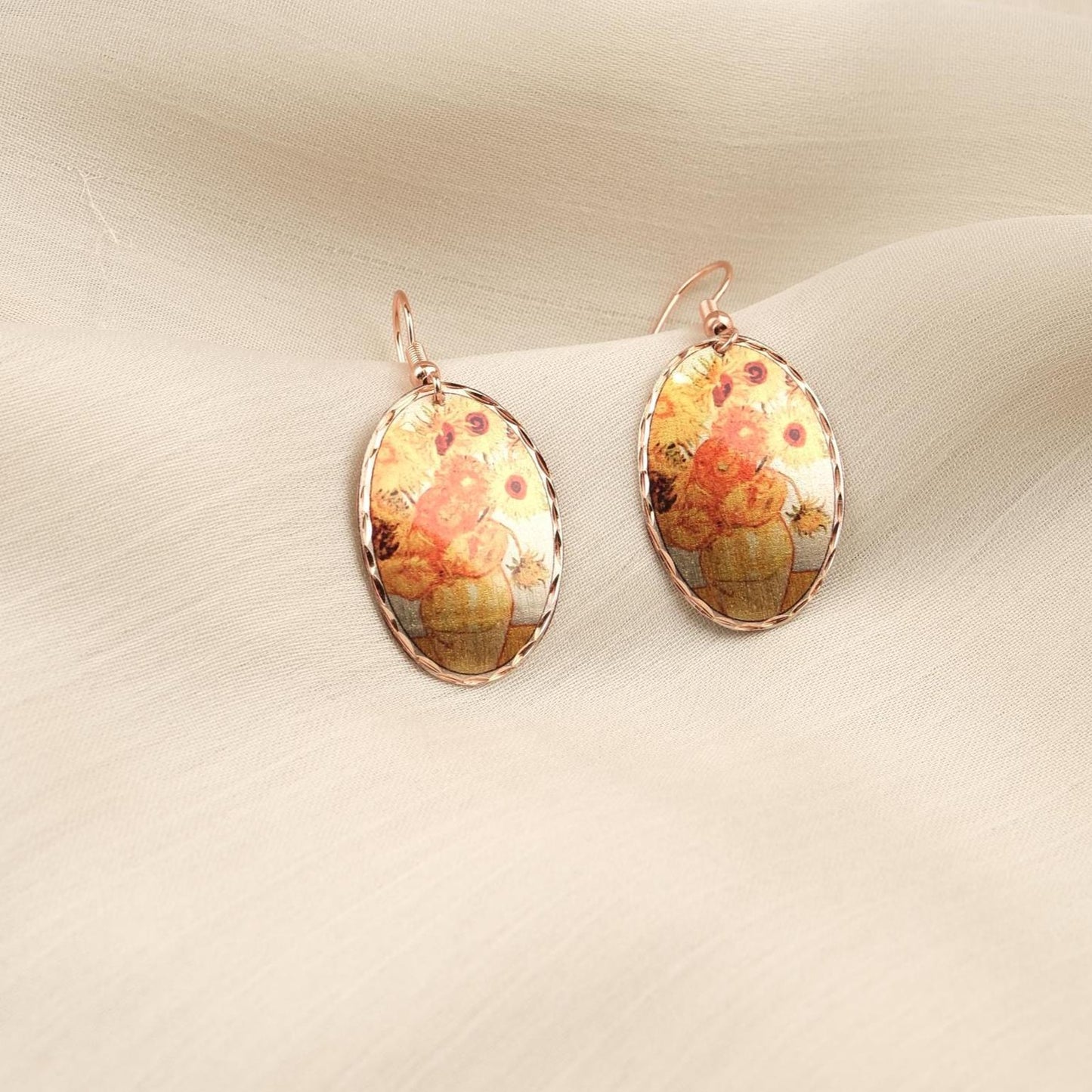Vincent van Gogh “Vase with Fifteen Sunflowers” Dangle Earrings in Pure Copper, Artistic Design, Handmade Vintage Style Antique Looking Gift