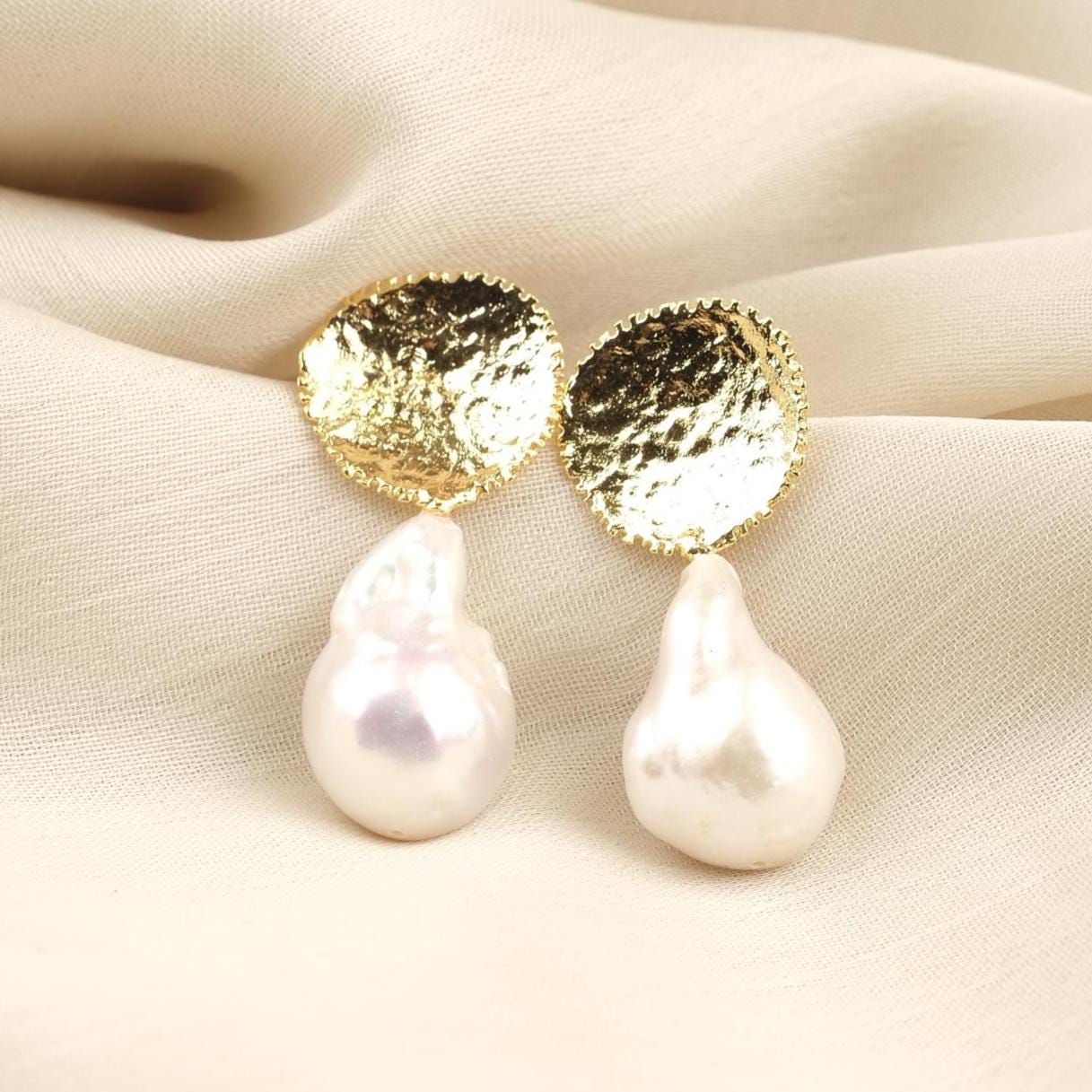 Handmade Genuine Baroque Pearls, Gold Plated Earrings With Antique Looking Design, Vintage Style Statement Studs With Organic Gemstone Charm