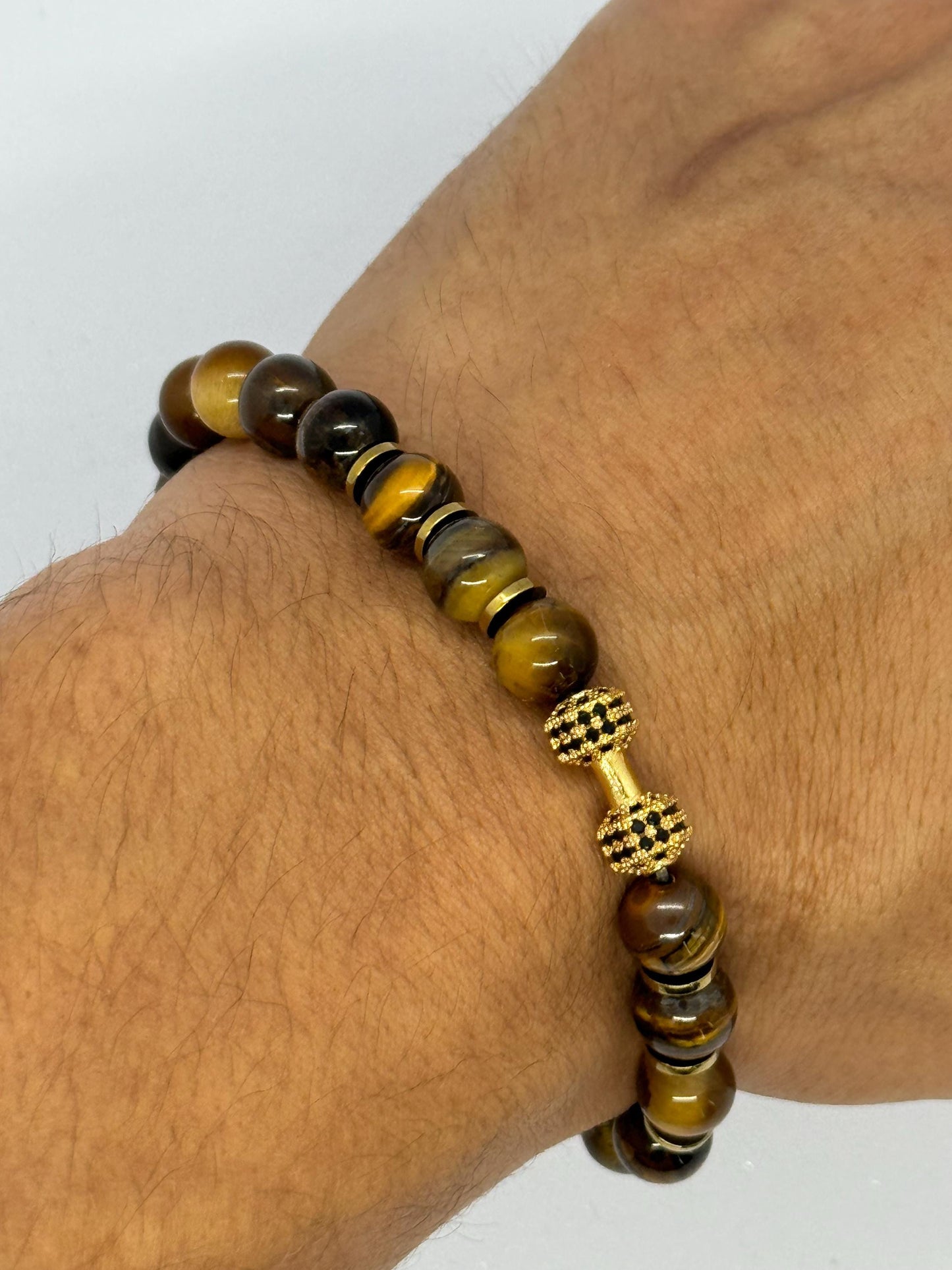 Gold Dumbbell Tiger Eye Bracelet for Him, Unique Gift Sacral Chakra Protection Gemini,Scorpio, Taurus, Cancer, Hematite Gym Bracelet for Men