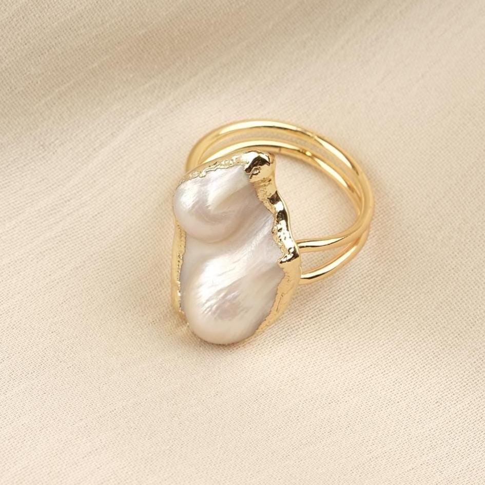 Handmade Genuine Pearl Statement, Antique Looking And Vintage Style Gold Plated Ring With Sculptural Artistic Abstract Design For Women