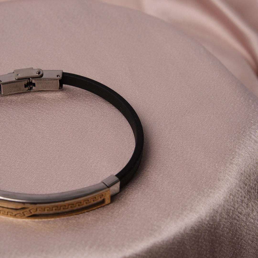 Gold Detailed Geometric Silver Bracelet – 22 cm – Modern Men Jewerly Design, Masculine | Perfect Accessory Gift for Everyday Wear