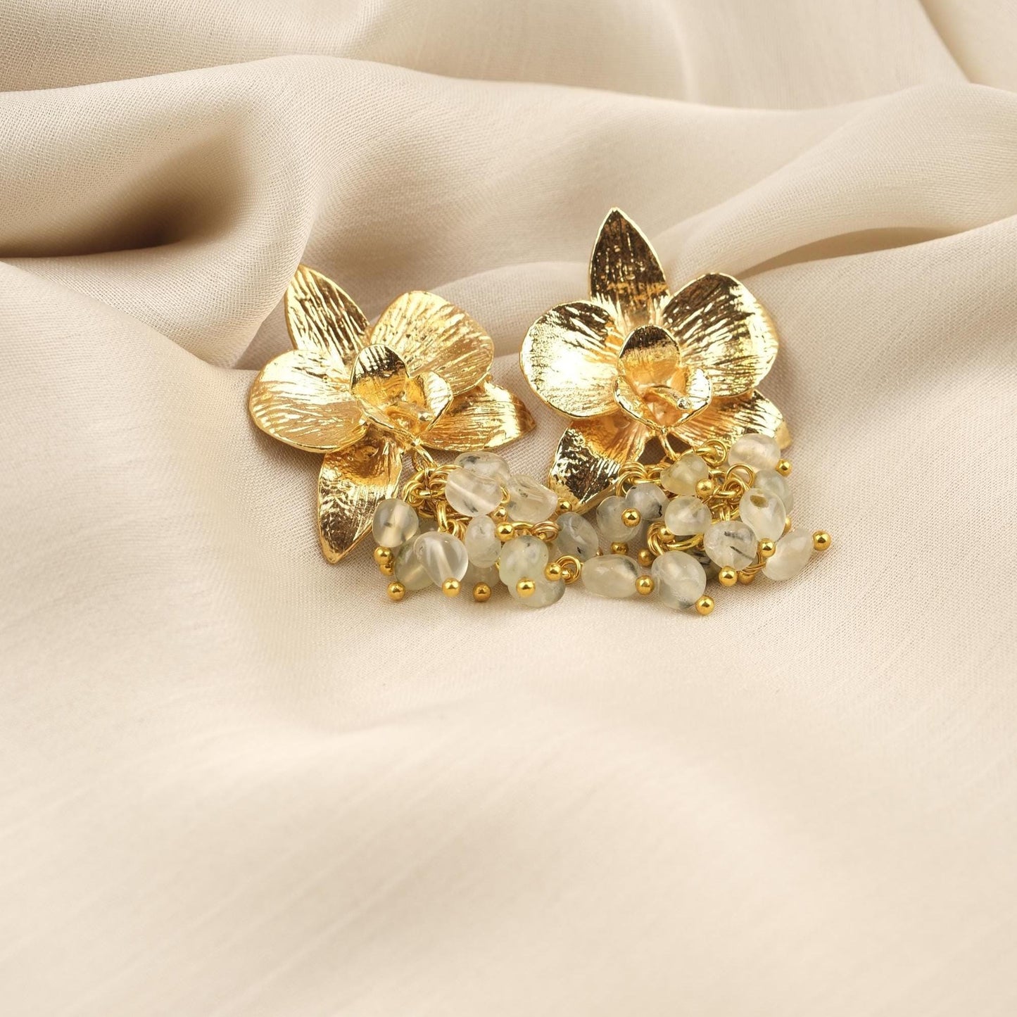 Prenhite Handmade Gold Plated Floral Stud Earrings With Gemstone Grapes, Artistic Botanical Jewelry, Statement Design For Elegant Looks