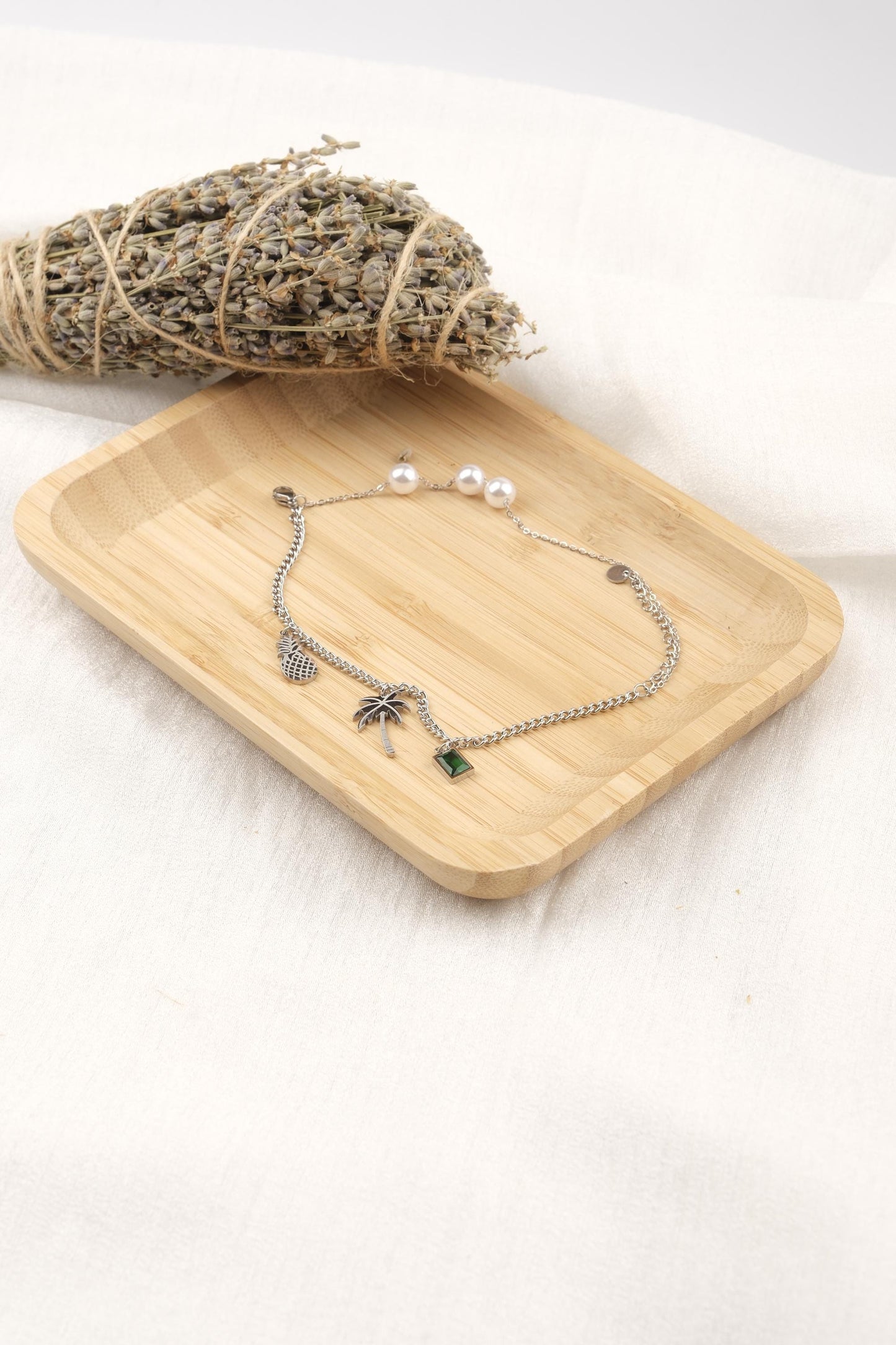 Exotic Bracelet for Summer | Pineapple, Pearl, Palm & Emerald Charm Jewelry