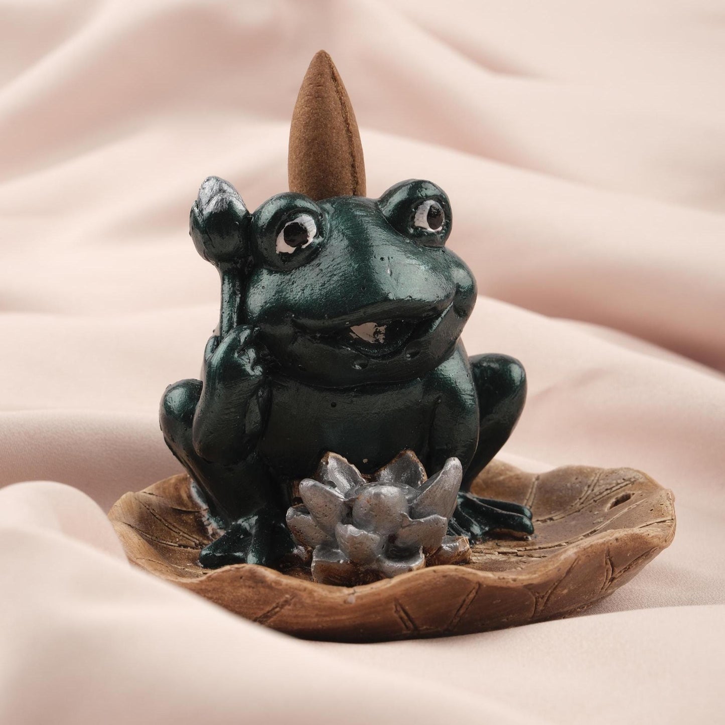 Lucky Frog Backflow Incense Burner with Ash Lid | 10 cm and 3.9 in Mini Resin Incense Fountain, Unique Zen Gift, Smoke Waterfall Holder