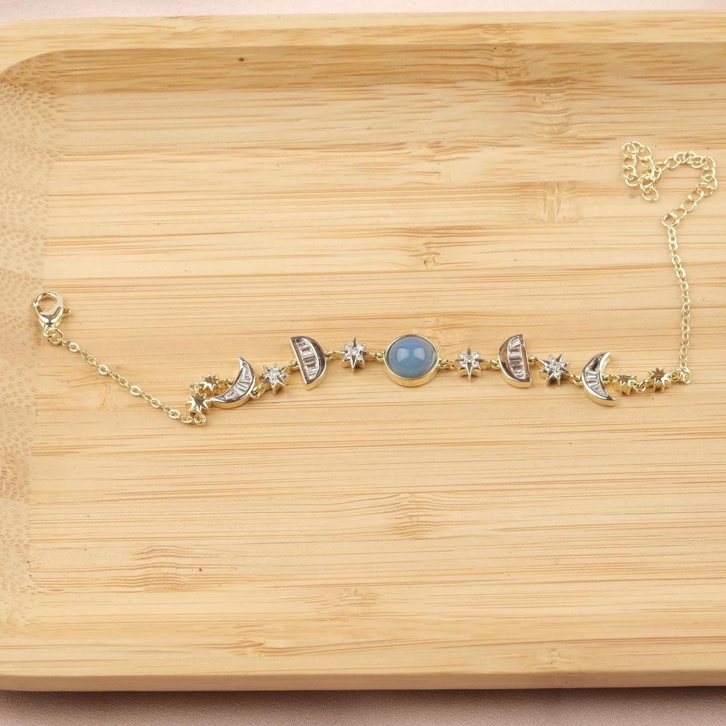 Aquamarine Moon & Star Charm Bracelet for Women, Gold Celestial Jewelry with Soft Blue Accent Stone, Calm Gift for Her, 22cm / 8.66in