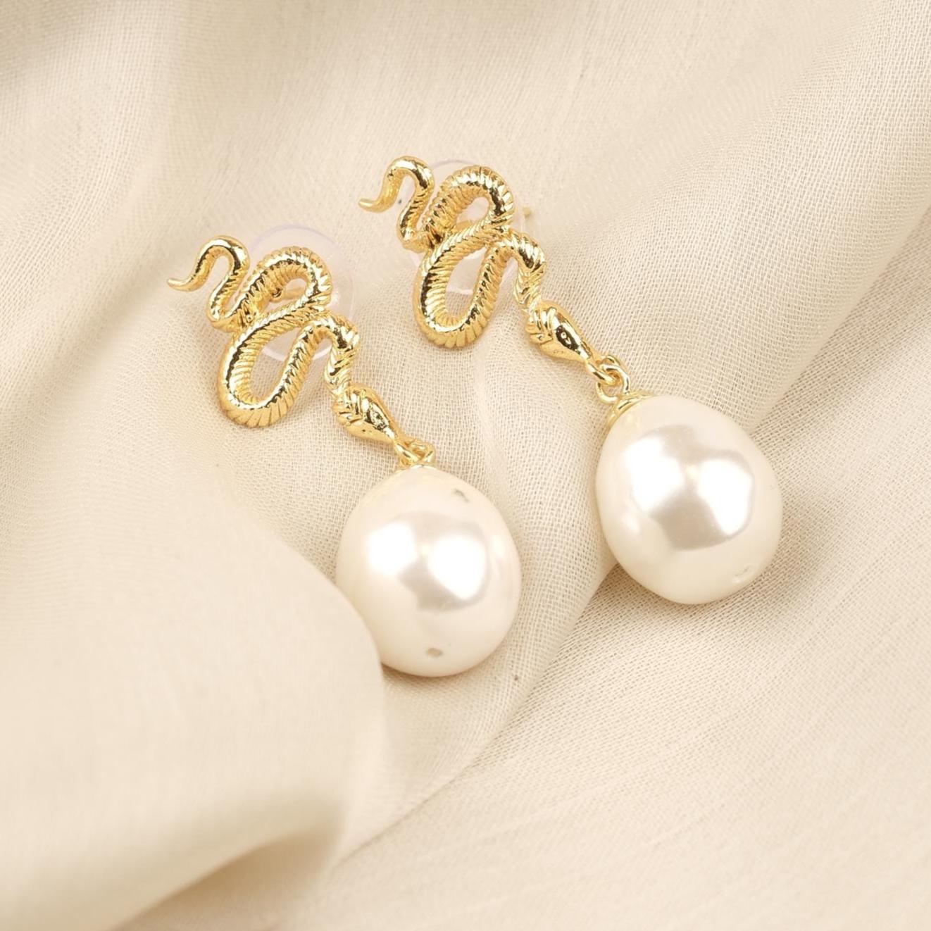 Handmade Pearl Snake Stud Earrings, Gold Plate Serpent Design with Faux Pearl Drop, Statement Earrings, Artistic & Antique Looking Style