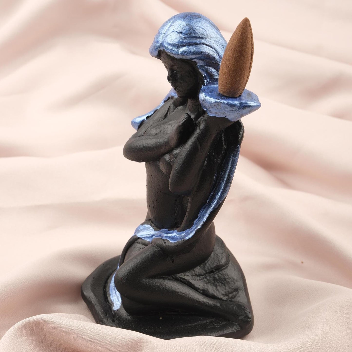 Women Figure Backflow Incense Holder, 17 cm and 6.7 in | Unique Resin Smoke Fountain, Spiritual Decor, Meditation Gift, Navy Blue & Black