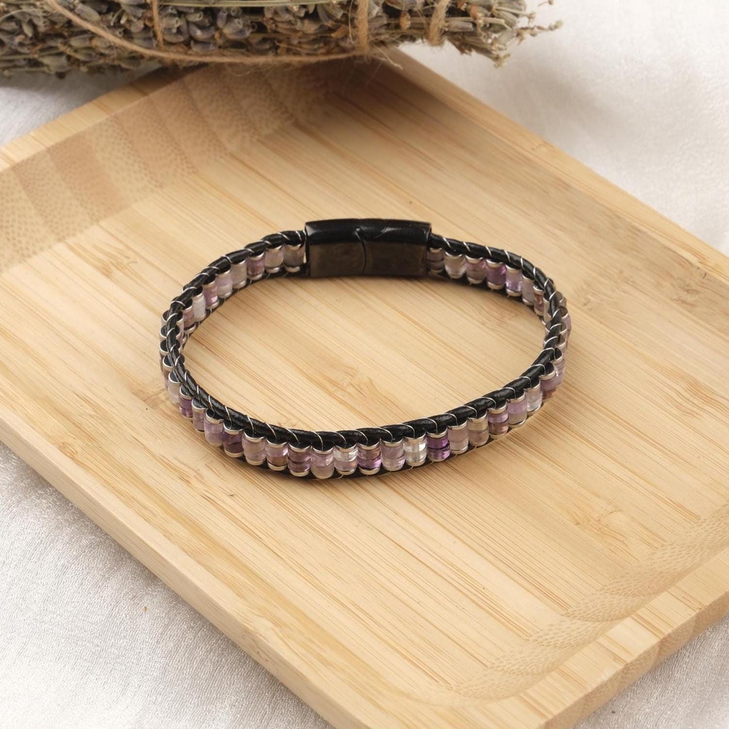 Stone of Calm, Amethyst Leather Bracelet for Men, Chakra Gemstone Bracelet Gift with Genuine Leather, For Him | Titanium Lock
