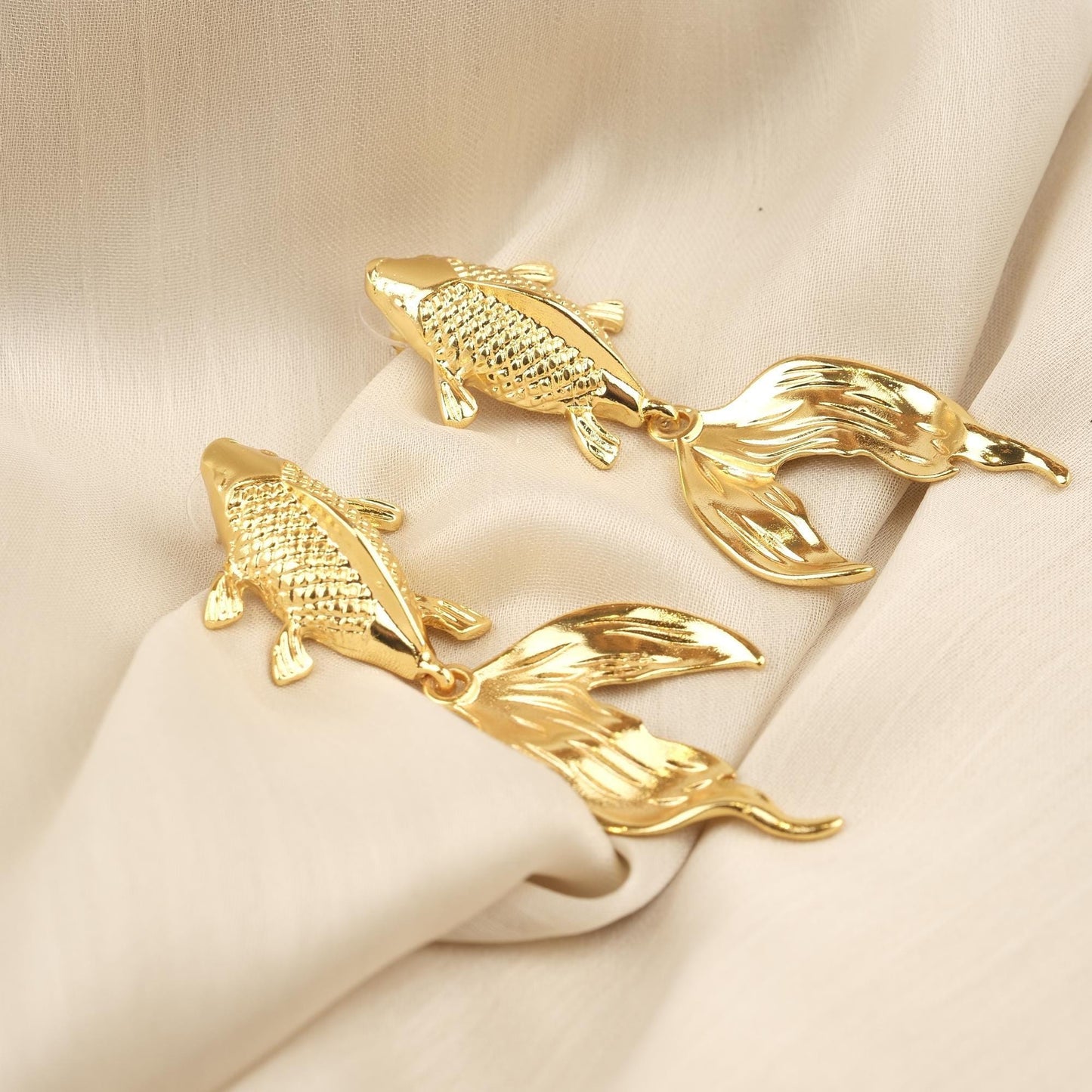Handmade Gold Plated Koi Fish Stud Earrings, Elegant Symbolic Design with Flowing Tail, Artistic and Antique Looking Statement Jewelry Piece