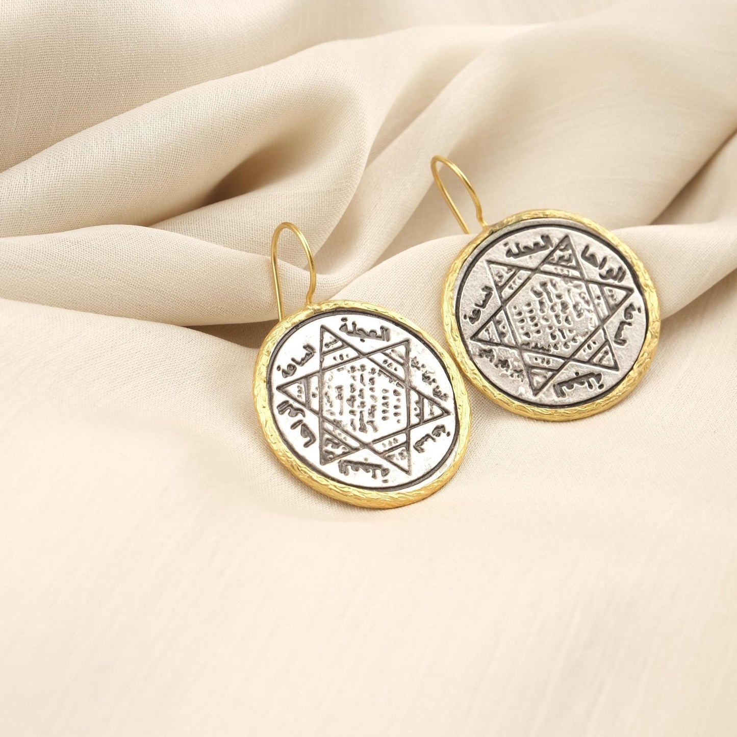 Handmade Solomon Seal Dangle Earrings, Dual Tone Boho Statement Jewelry, Gold Plated Mystical Talisman With Ancient Inscription