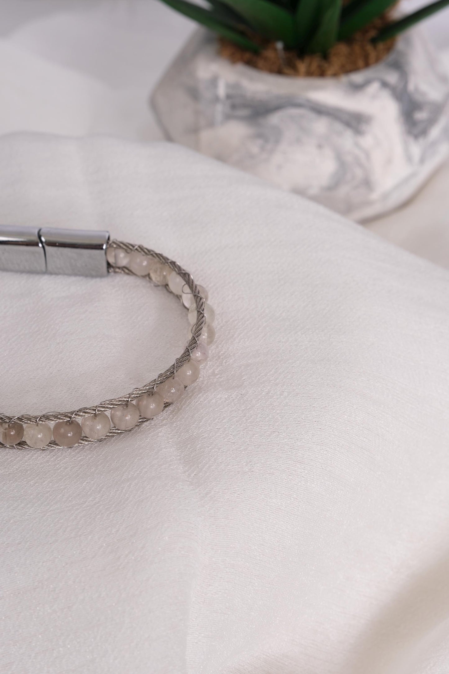 Silver & White Gemstone Wrapped Men's Bracelet in Silver 22cm Genuine Leather , Gemstone, Durable, Stylish Gift for Him