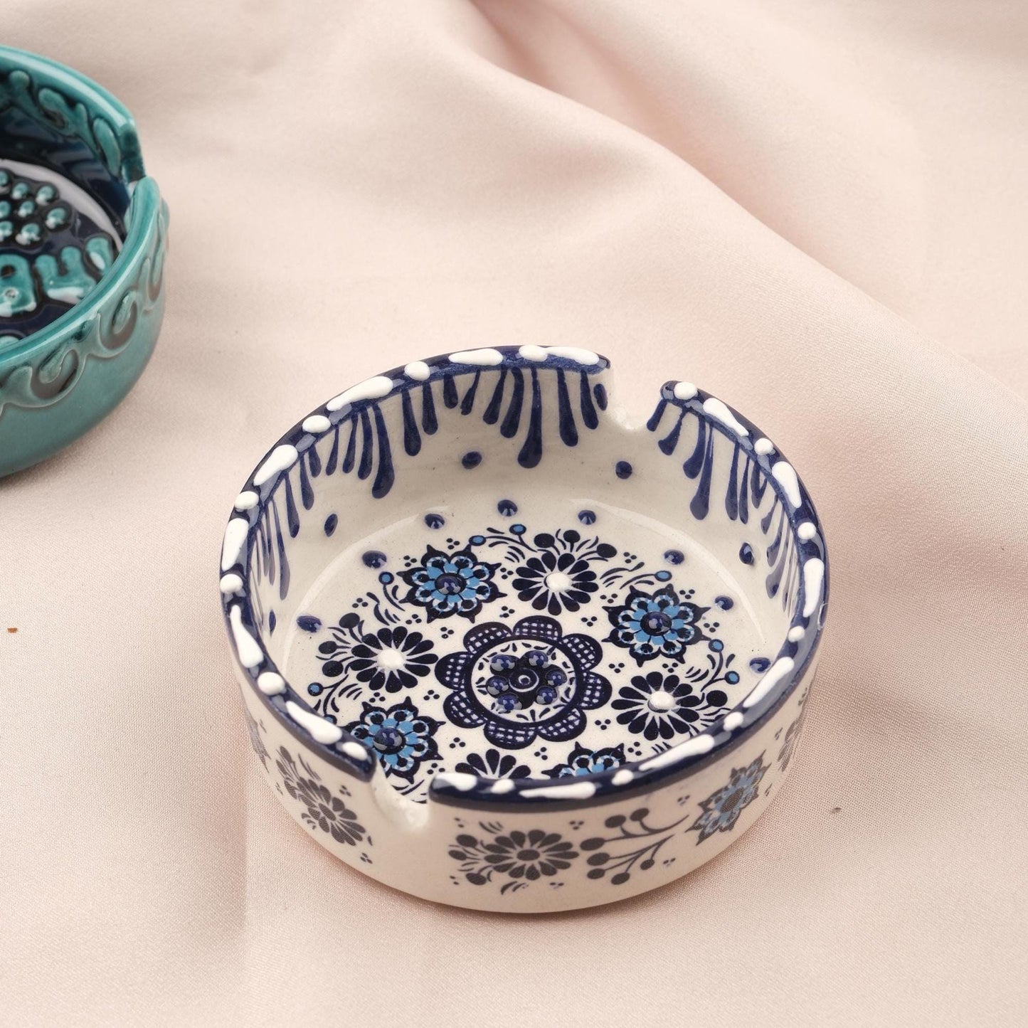 BUY 1 GET 1 Autumn Horizon – Gray & Blue Mandala Ashtray Set of 2, Handmade Anatolian Ceramic, Rustic Boho Decor