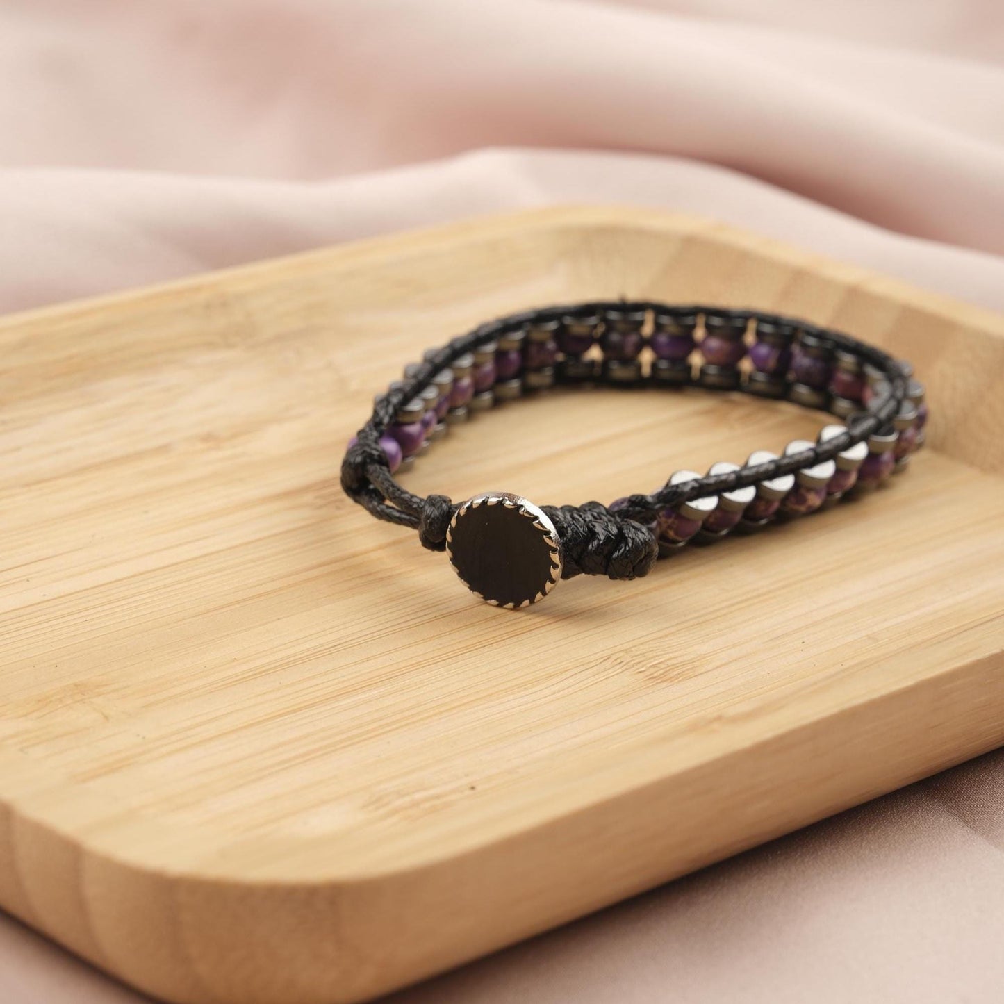 Stone of Clarity, Amethyst & Leather Bracelet for Men, Purple Crystal Bracelet Gift with Hematite, Stylish Wristband, 21cm / 8.26in