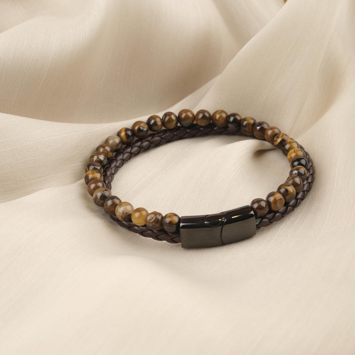 Handmade Minimal Tiger's Eye Gemstone and Genuine Leather Men's Bracelet with Titanium Lock, Natural Stone Jewelry for Him | 22 cm, 8.66 in