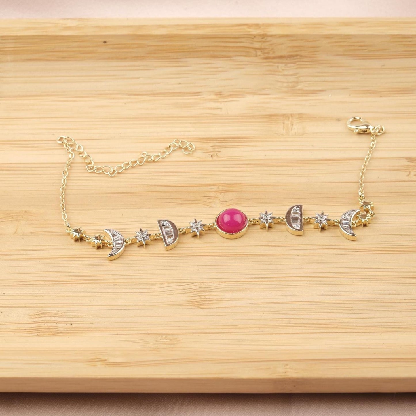 Pink Moon & Star Charm Bracelet for Women, Gold Celestial Jewelry with Soft Pink Accent Stone, Romantic Gift for Her, 22cm / 8.66in