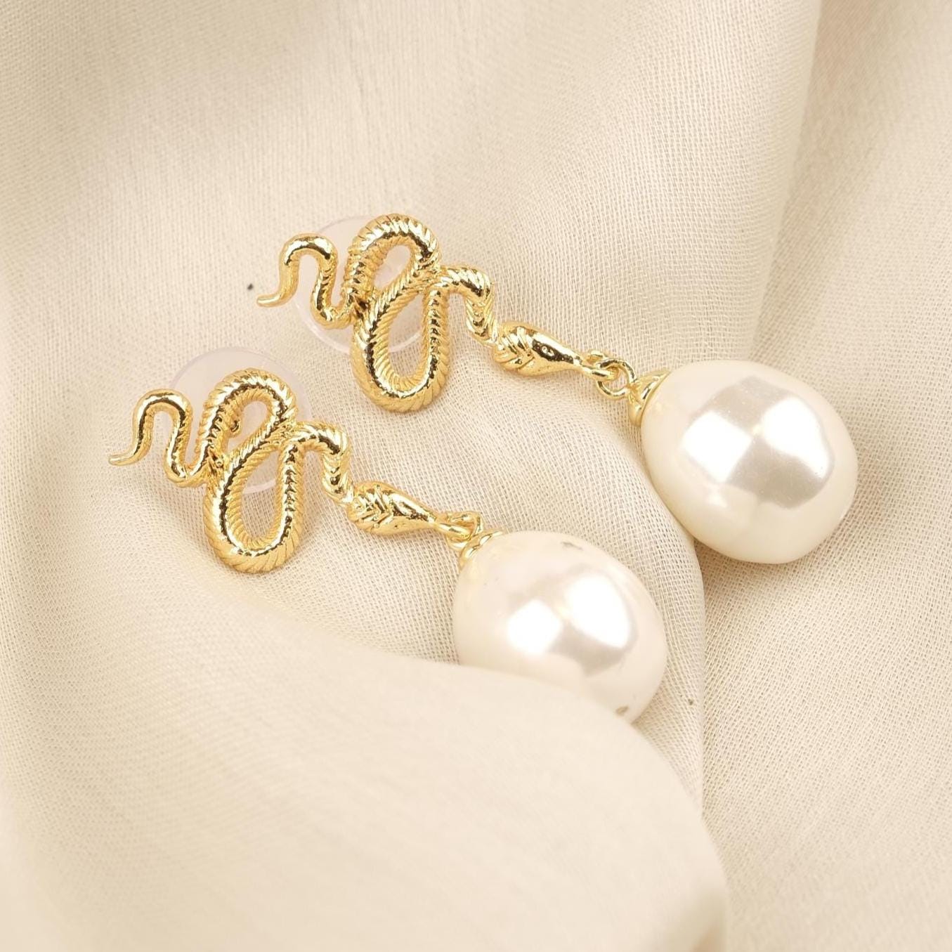 Handmade Pearl Snake Stud Earrings, Gold Plate Serpent Design with Faux Pearl Drop, Statement Earrings, Artistic & Antique Looking Style