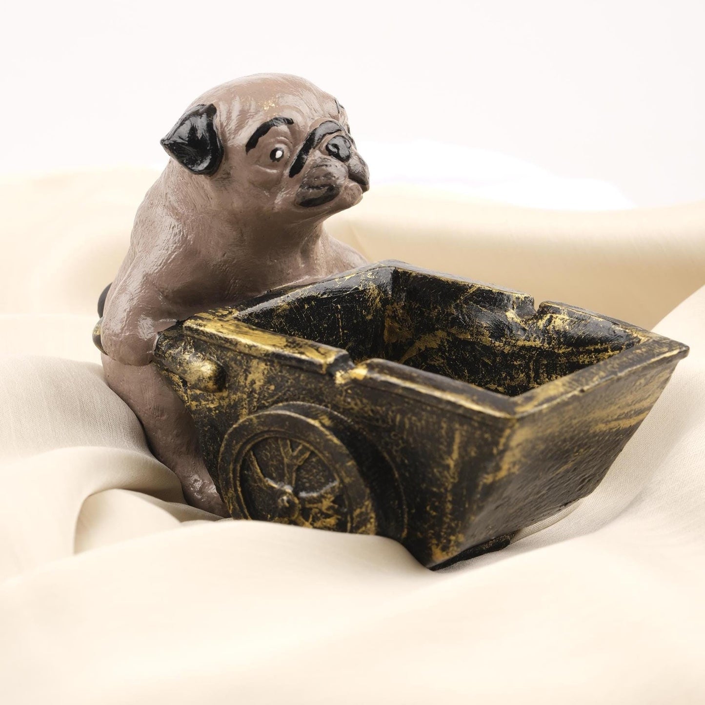 Gray Pug Dog Ashtray in Rustic Cart, Unique Animal Lover Smoking Tray, Handmade Whimsical Gift Decorative Art Piece, 16x9x12cm