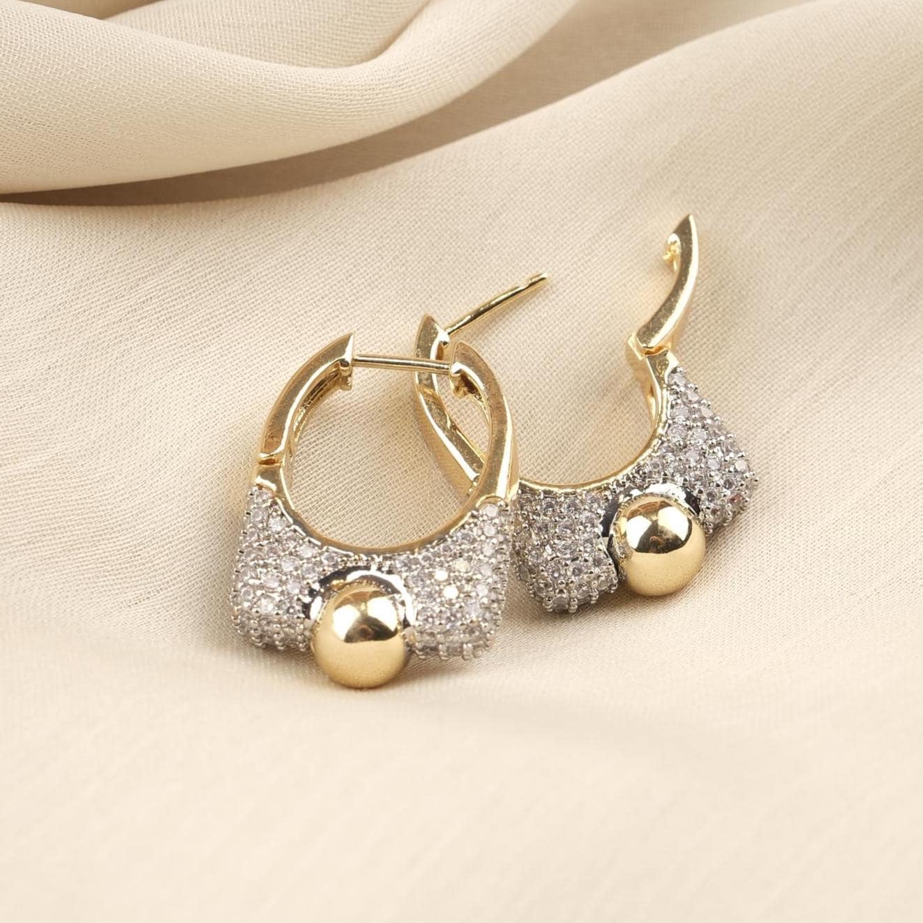 Gold Plated Silver Stud Earrings with Mini Diamond Detailing, Classic Hoop Design, Art Deco Style, Luxury Look, Hypoallergenic and Timeless