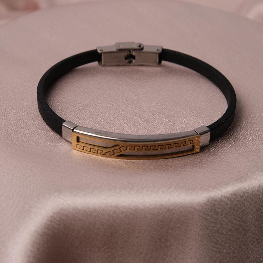 Gold Detailed Geometric Silver Bracelet – 22 cm – Modern Men Jewerly Design, Masculine | Perfect Accessory Gift for Everyday Wear