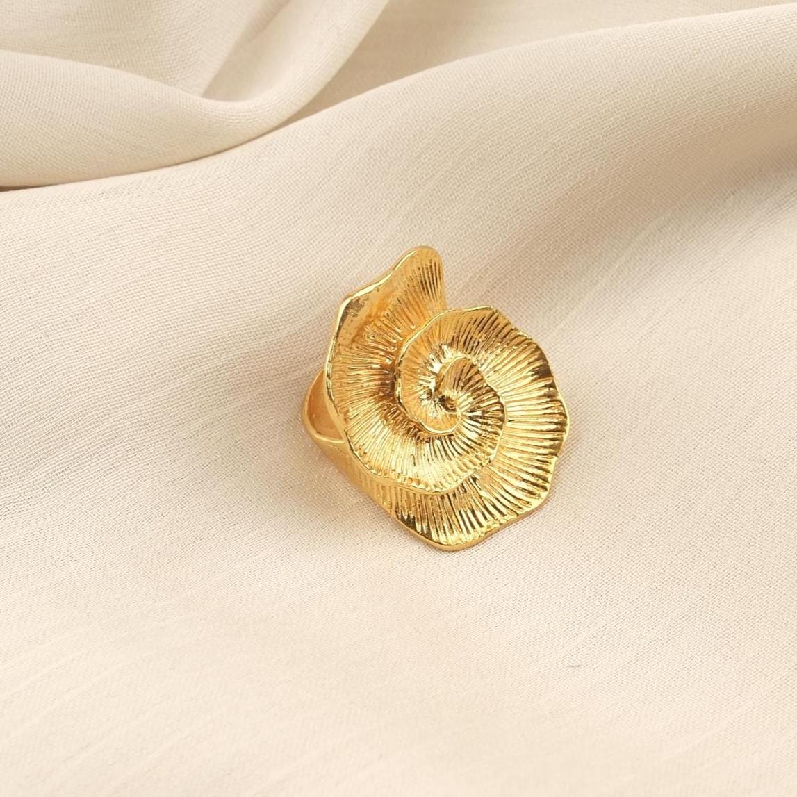 Feel the Movement, Handmade Spiral Bloom Ring, Vintage Style Floral Design, Antique Looking Textured Petal Statement Band | Gold Plated Gift