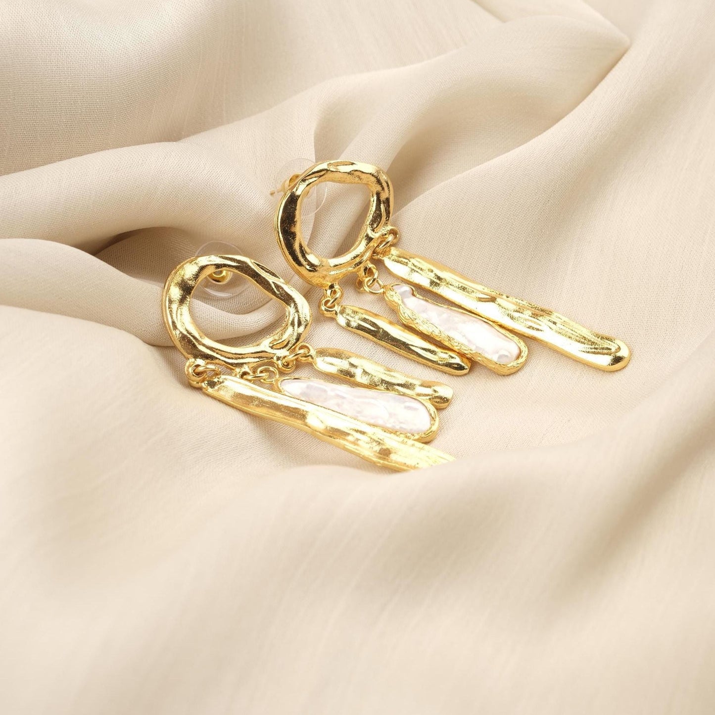 Handmade Genuine Pearl Artistic Earrings, Modern Abstract Design With Gold Plated Studs, Bold Baroque Statement Style For Unique Look Gift