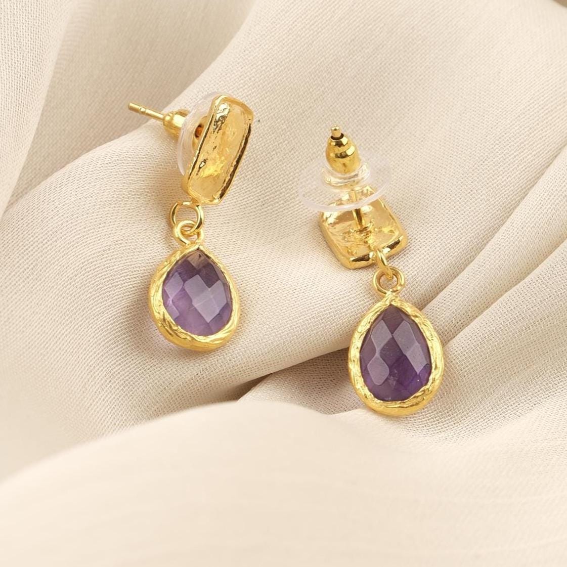 Handmade Gold Plated Stud Earrings with Birthstone Amethyst Gemstone, Elegant Drop Design, Antique Looking Jewelry, Unique Gift for Her